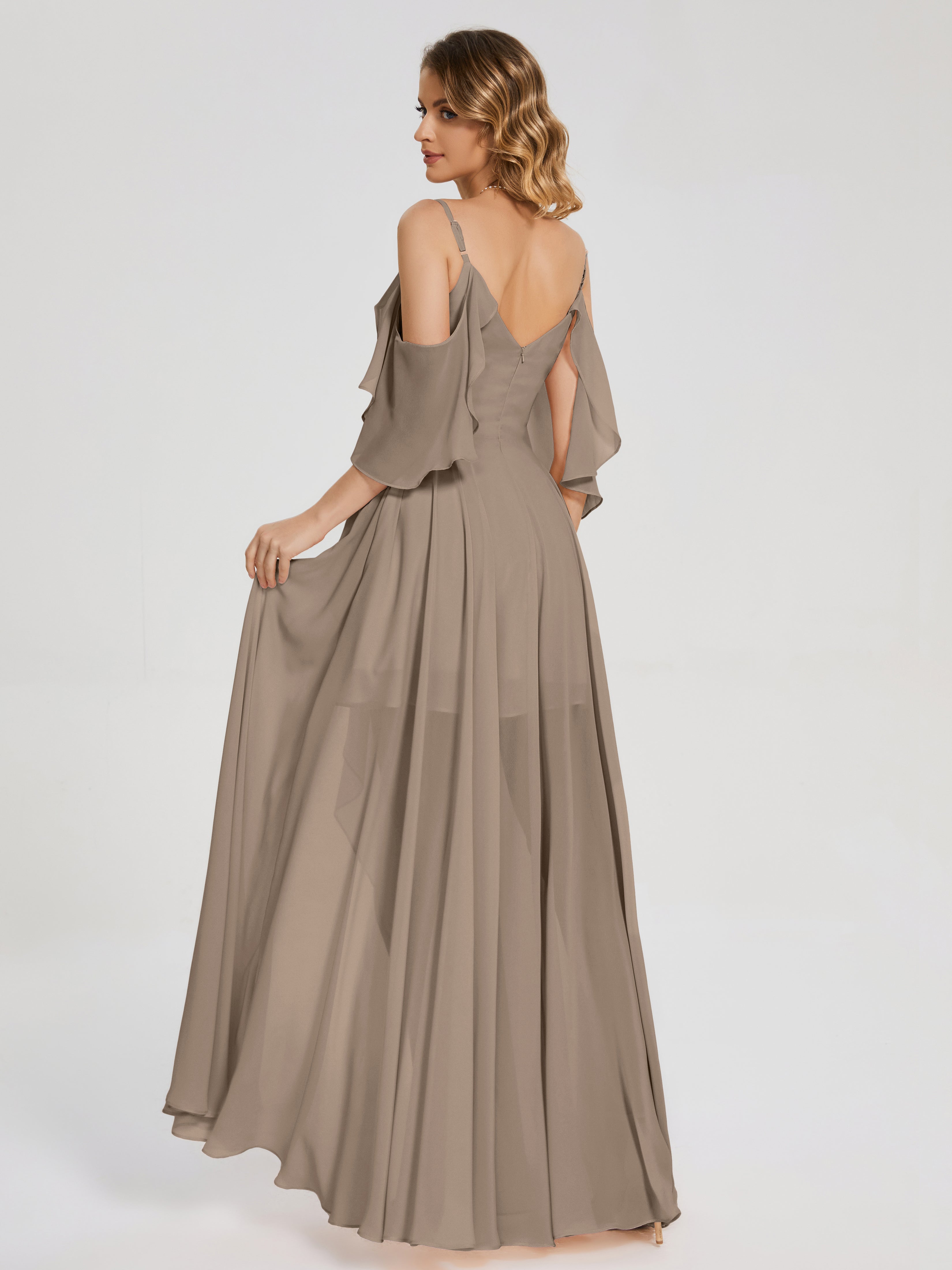 Robe Ceremonie Taupe Asymétrique Hors-La-Épaule Mousseline Robes Demoiselle D'Honneur