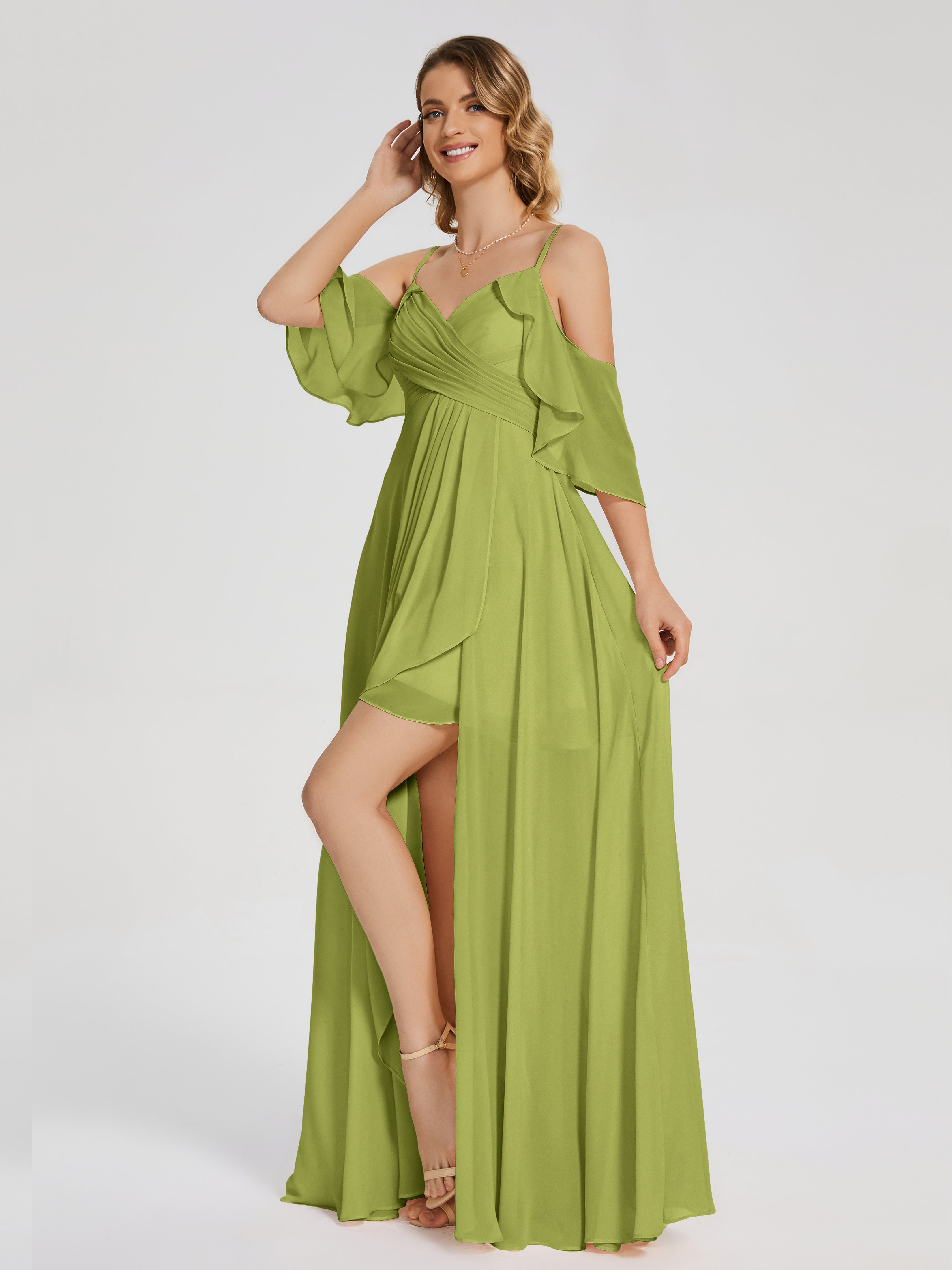 Robes De Demoiselle D'Honneur Trèfle Asymétrique Hors-La-Épaule Mousseline Robes Demoiselle D'Honneur