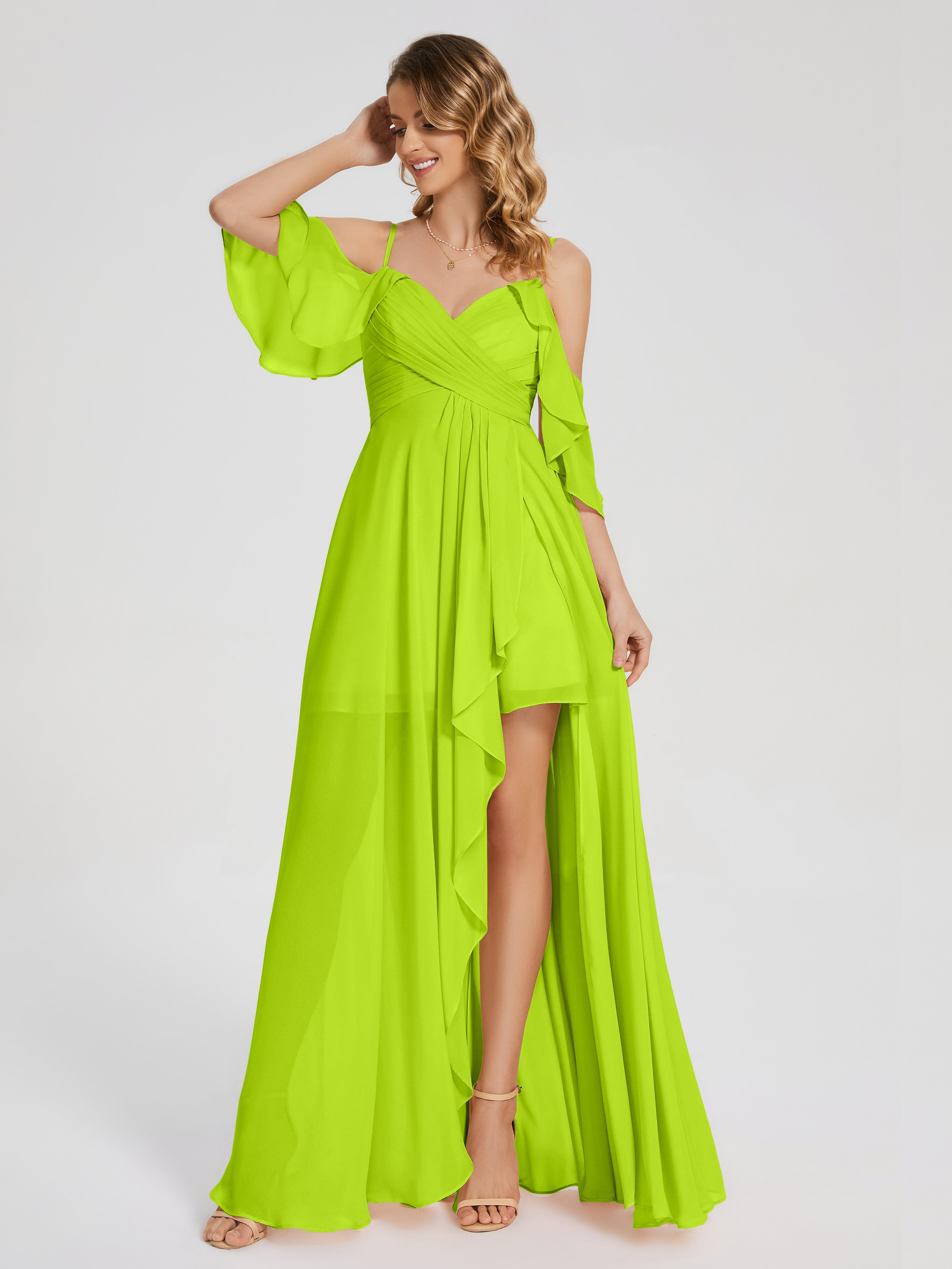 Robes De Demoiselle D'Honneur Vert Citron Asymétrique Hors-La-Épaule Mousseline Robes Demoiselle D'Honneur