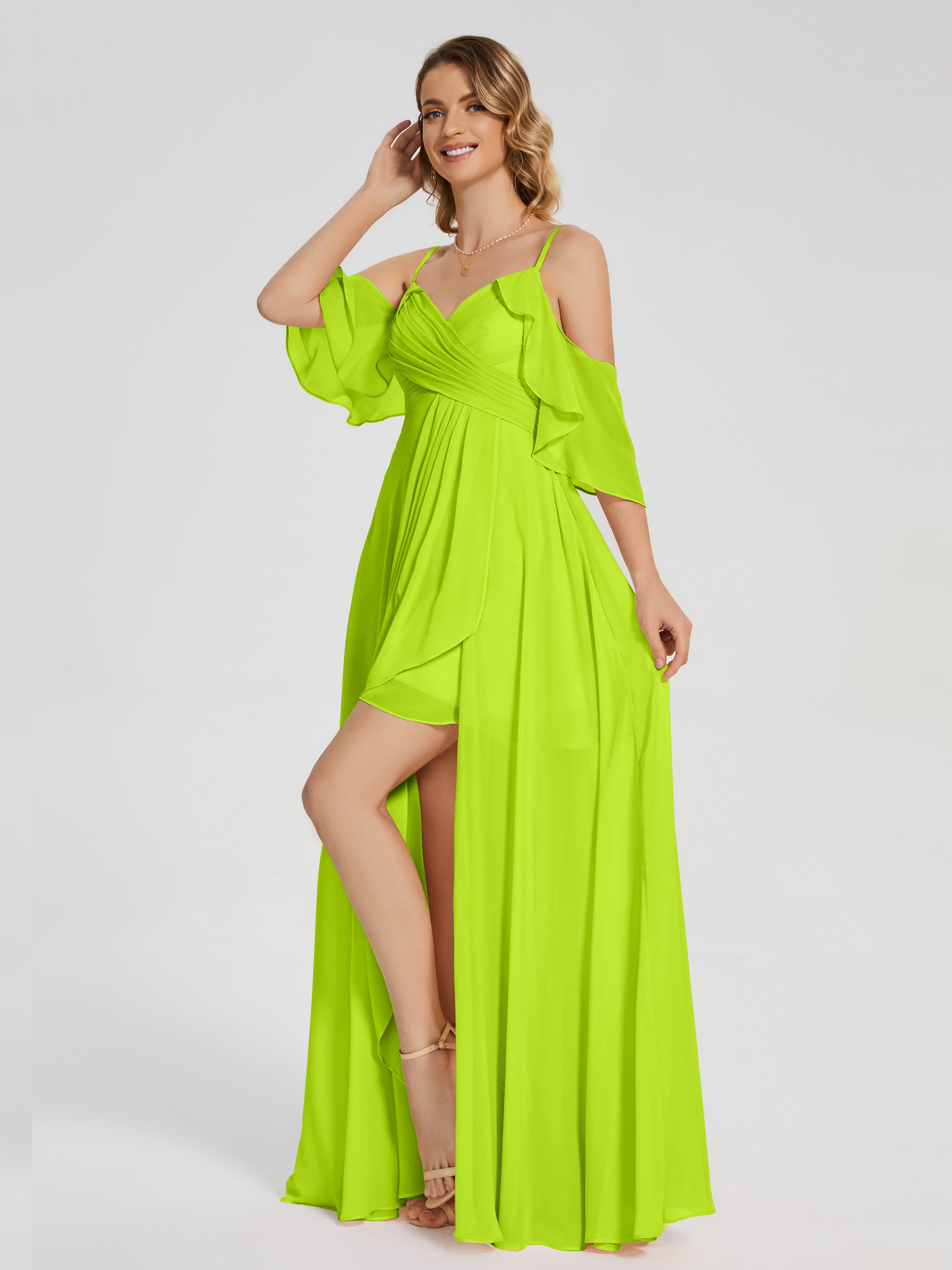 Robes De Demoiselle D'Honneur Vert Citron Asymétrique Hors-La-Épaule Mousseline Robes Demoiselle D'Honneur