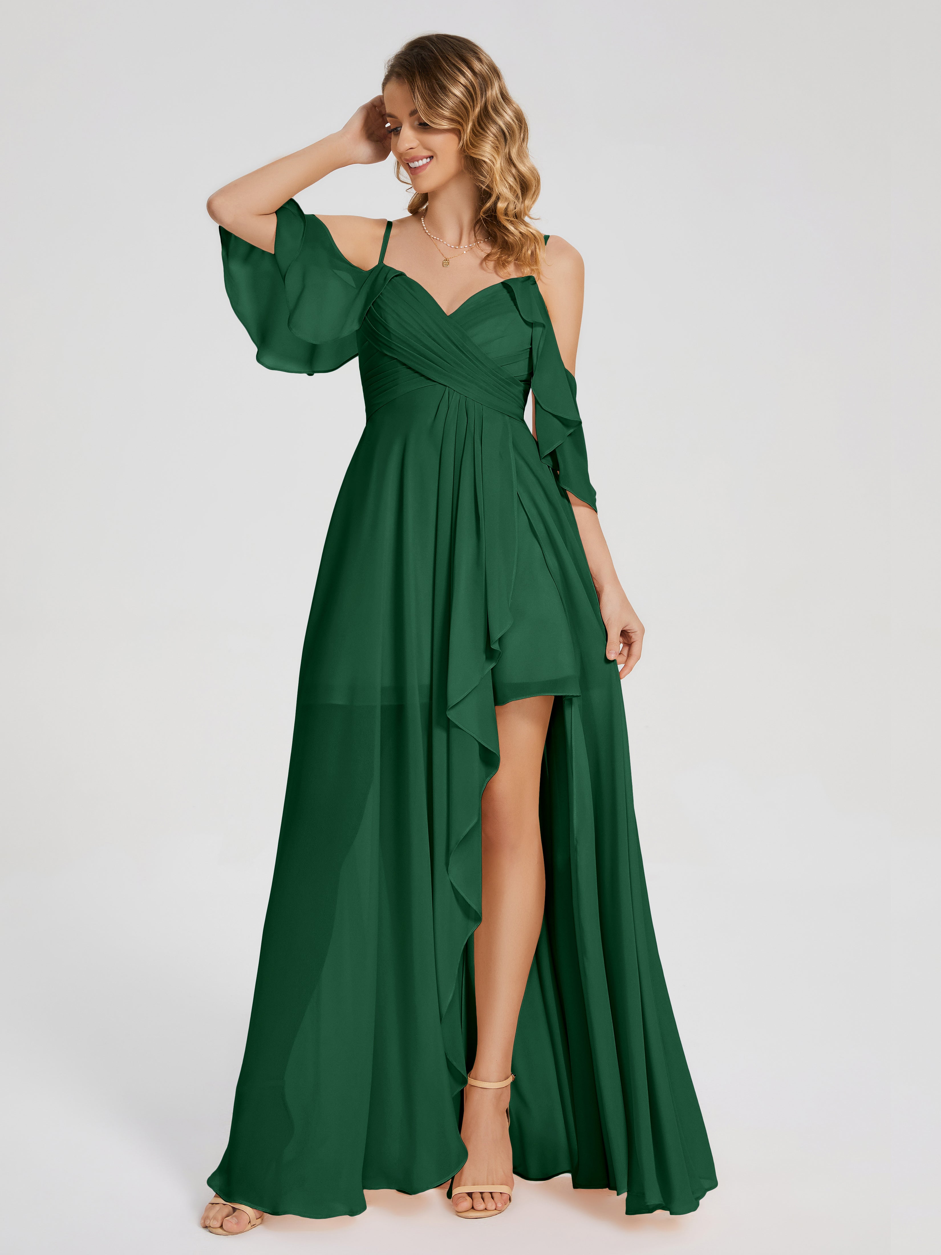 Robes De Demoiselle D'Honneur Vert Foncé Asymétrique Hors-La-Épaule Mousseline Robes Demoiselle D'Honneur