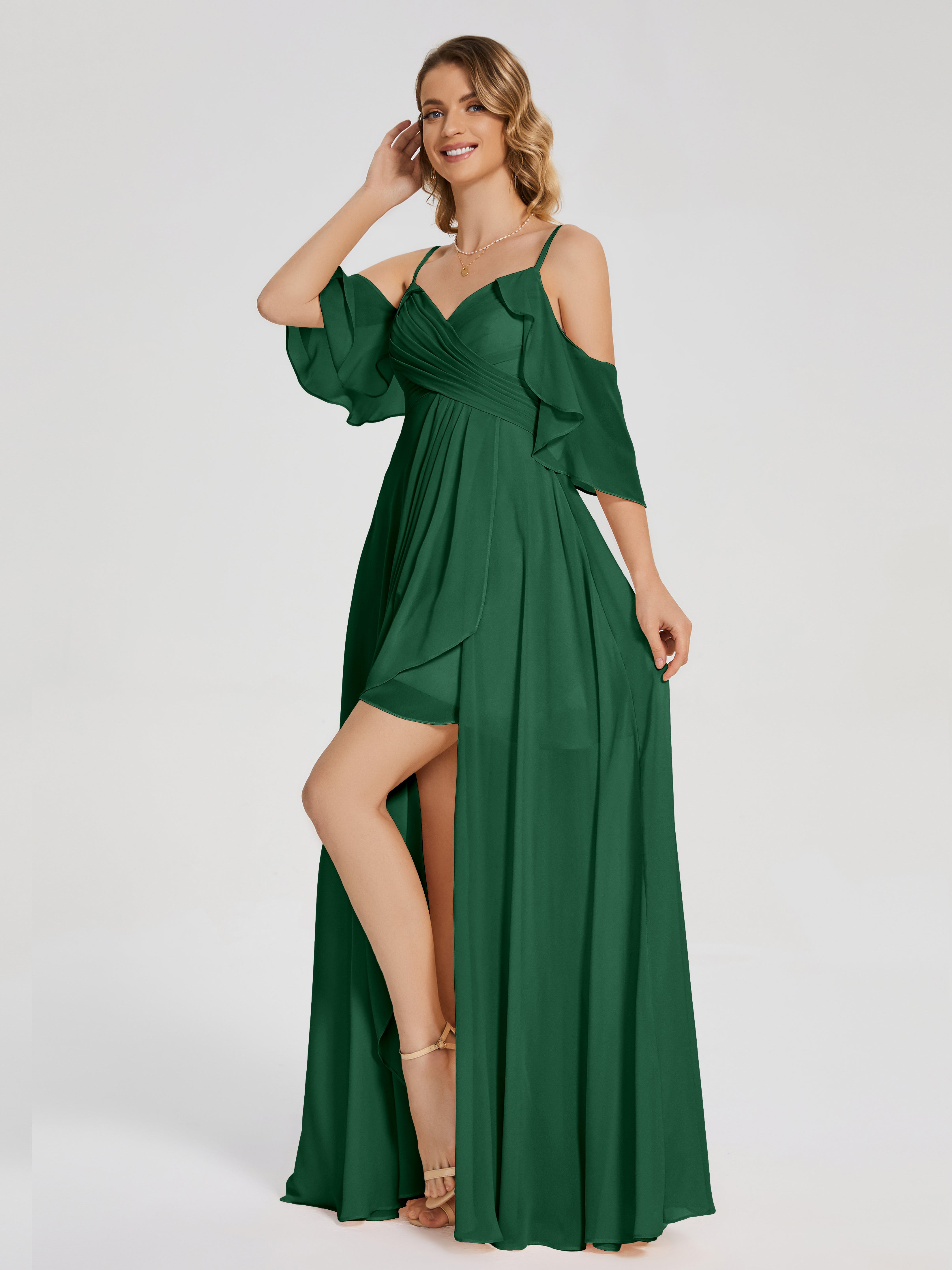 Robes De Demoiselle D'Honneur Vert Foncé Asymétrique Hors-La-Épaule Mousseline Robes Demoiselle D'Honneur