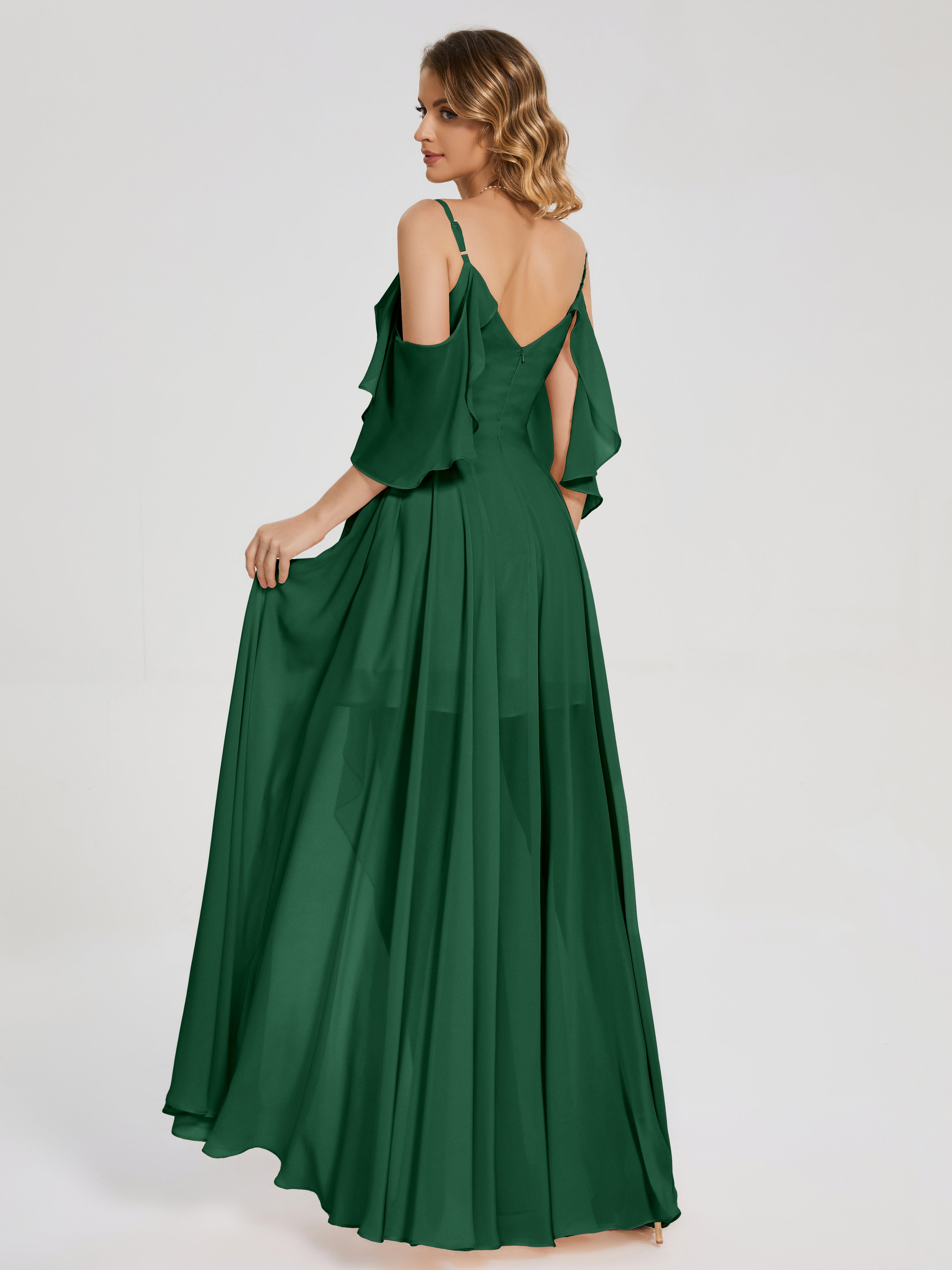 Robes De Demoiselle D'Honneur Vert Foncé Asymétrique Hors-La-Épaule Mousseline Robes Demoiselle D'Honneur