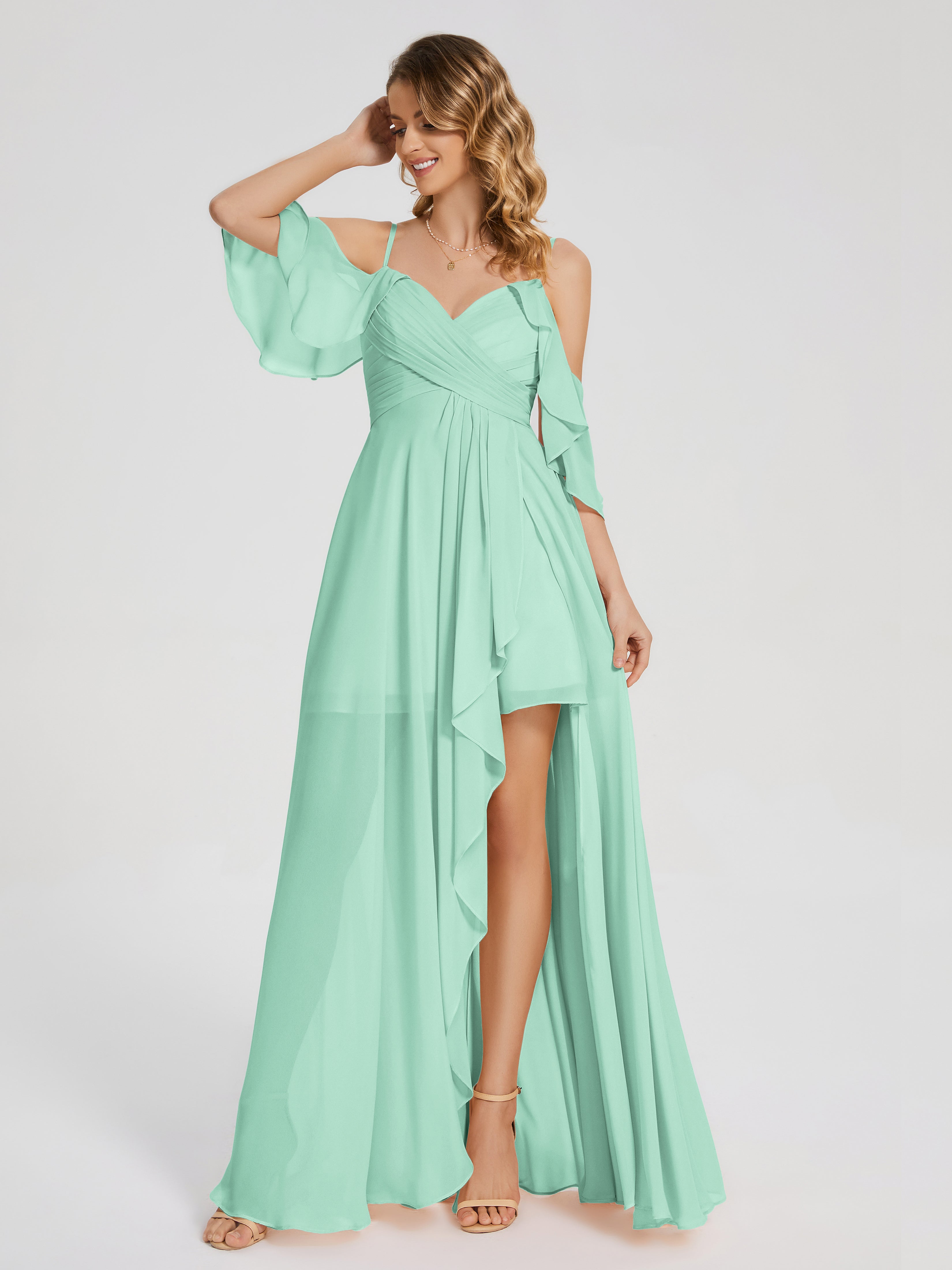 Robes De Demoiselle D'Honneur Vert Menthe Asymétrique Hors-La-Épaule Mousseline Robes Demoiselle D'Honneur