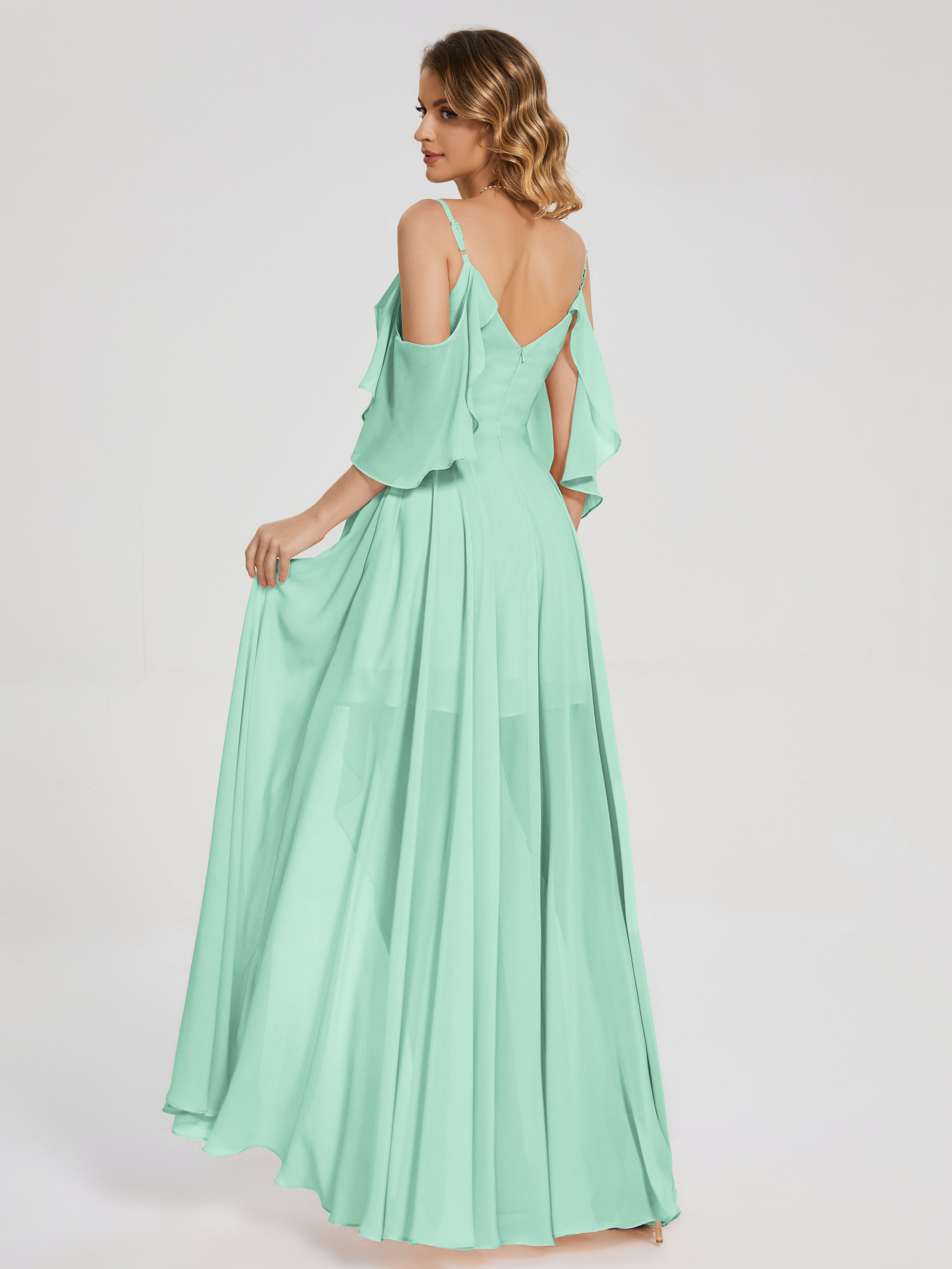 Robes De Demoiselle D'Honneur Vert Menthe Asymétrique Hors-La-Épaule Mousseline Robes Demoiselle D'Honneur
