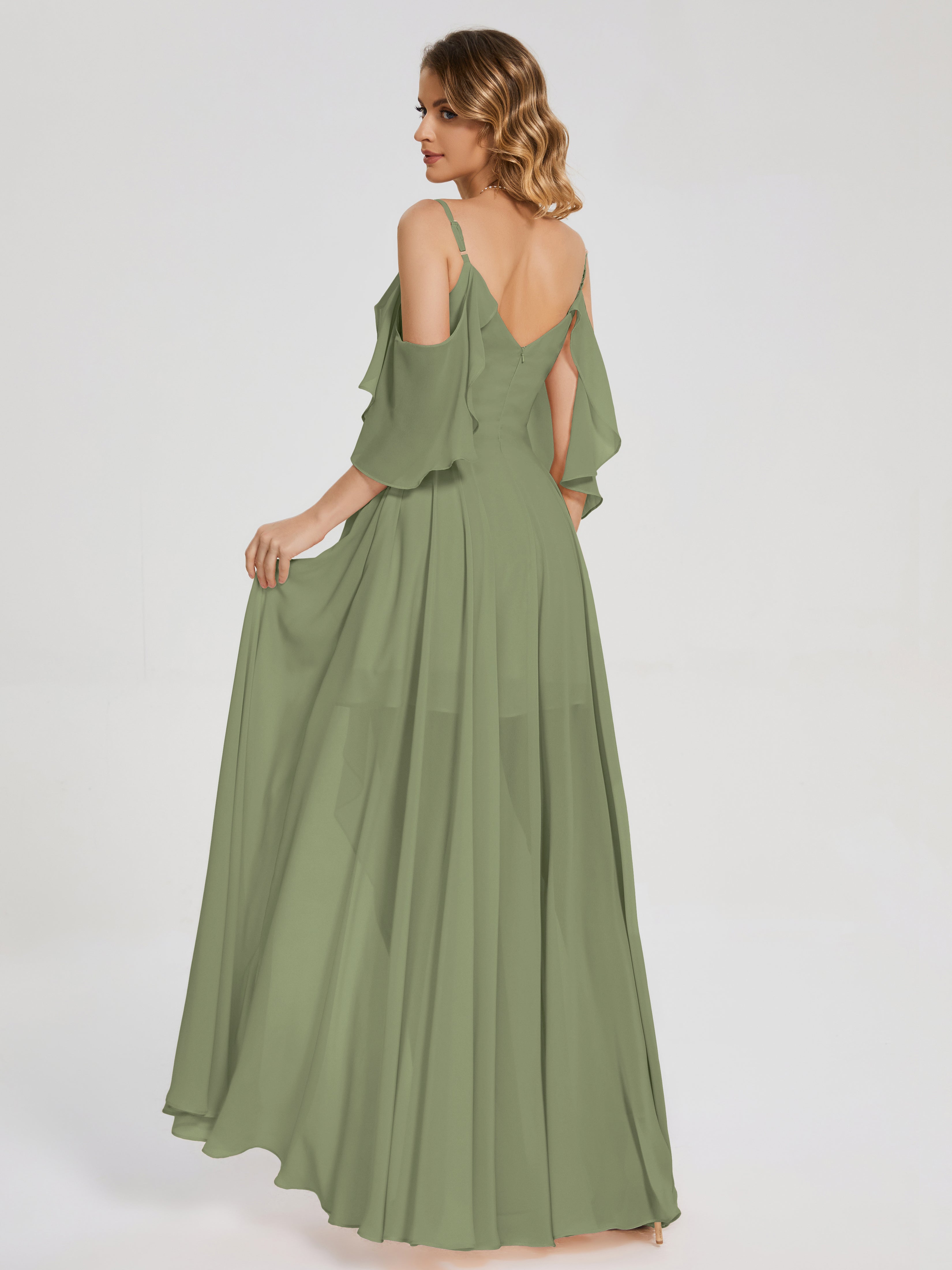 Robes De Demoiselle D'Honneur Olive Asymétrique Hors-La-Épaule Mousseline Robes Demoiselle D'Honneur