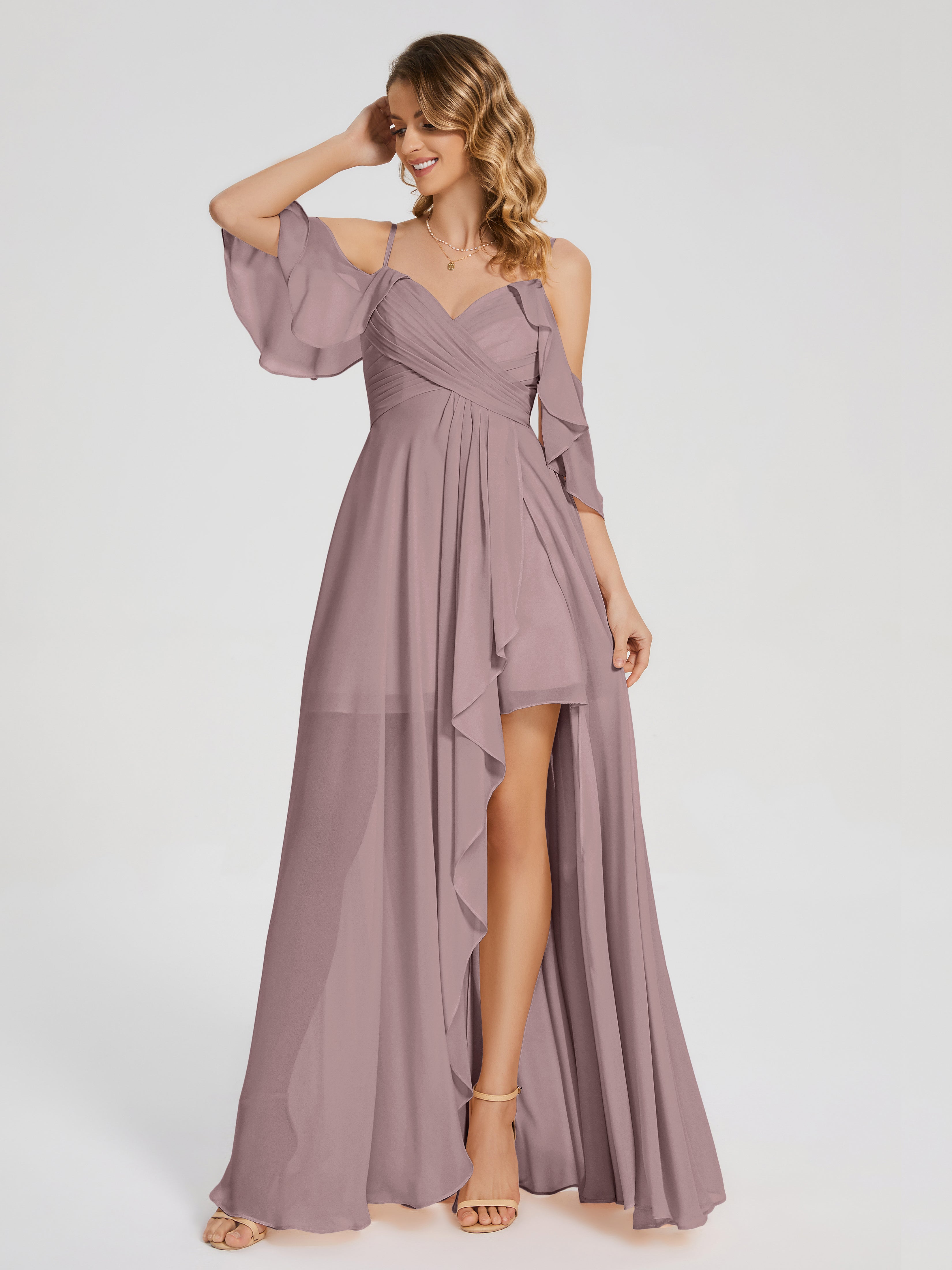 Robes De Demoiselle D'Honneur Vintage Mauve Asymétrique Hors-La-Épaule Mousseline Robes Demoiselle D'Honneur