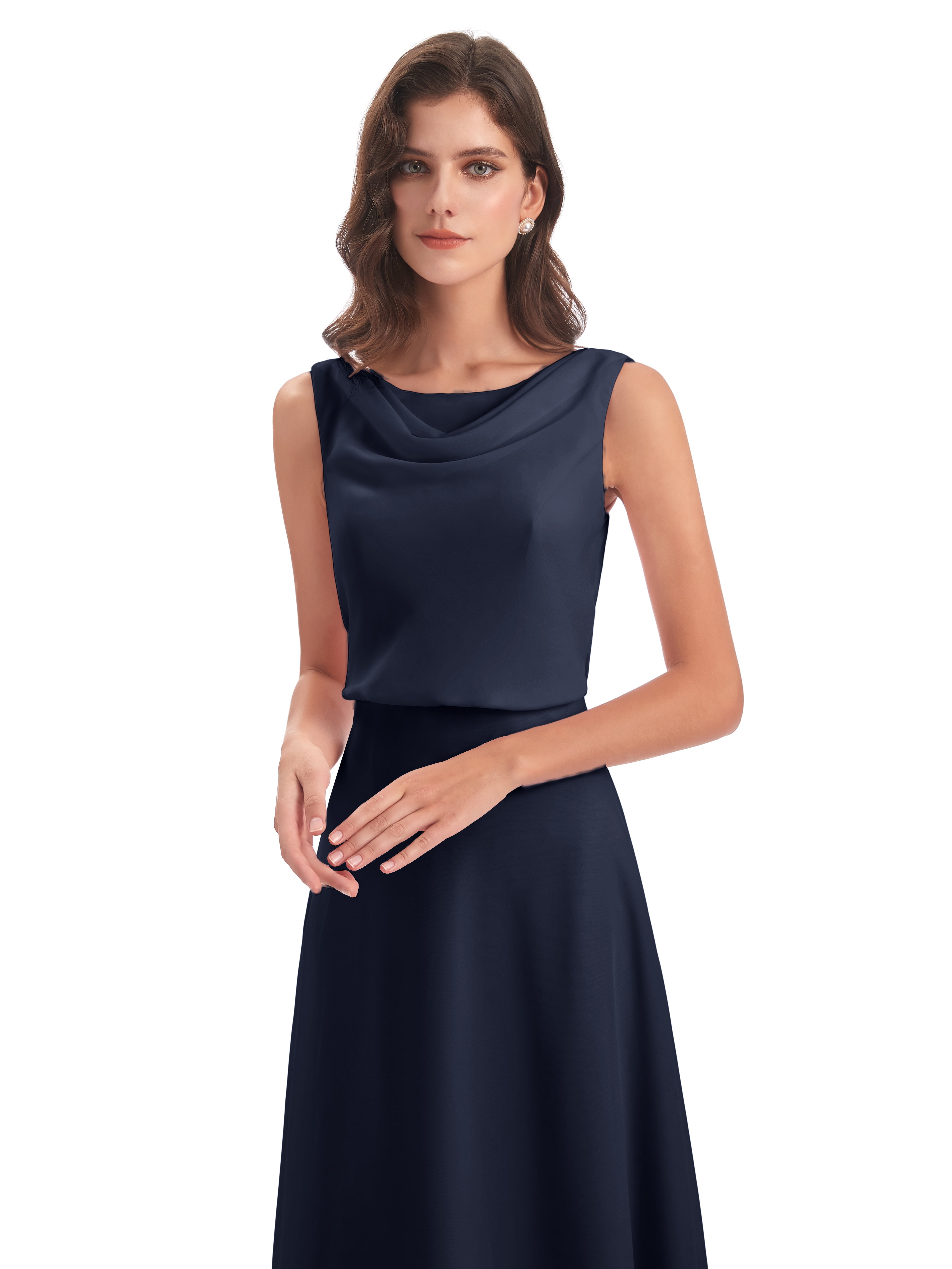 Robe Demoiselle D Honneur Bleu Marine Lilou Fourreau/Colonne Col Bénitier Robes Demoiselle D'Honneur