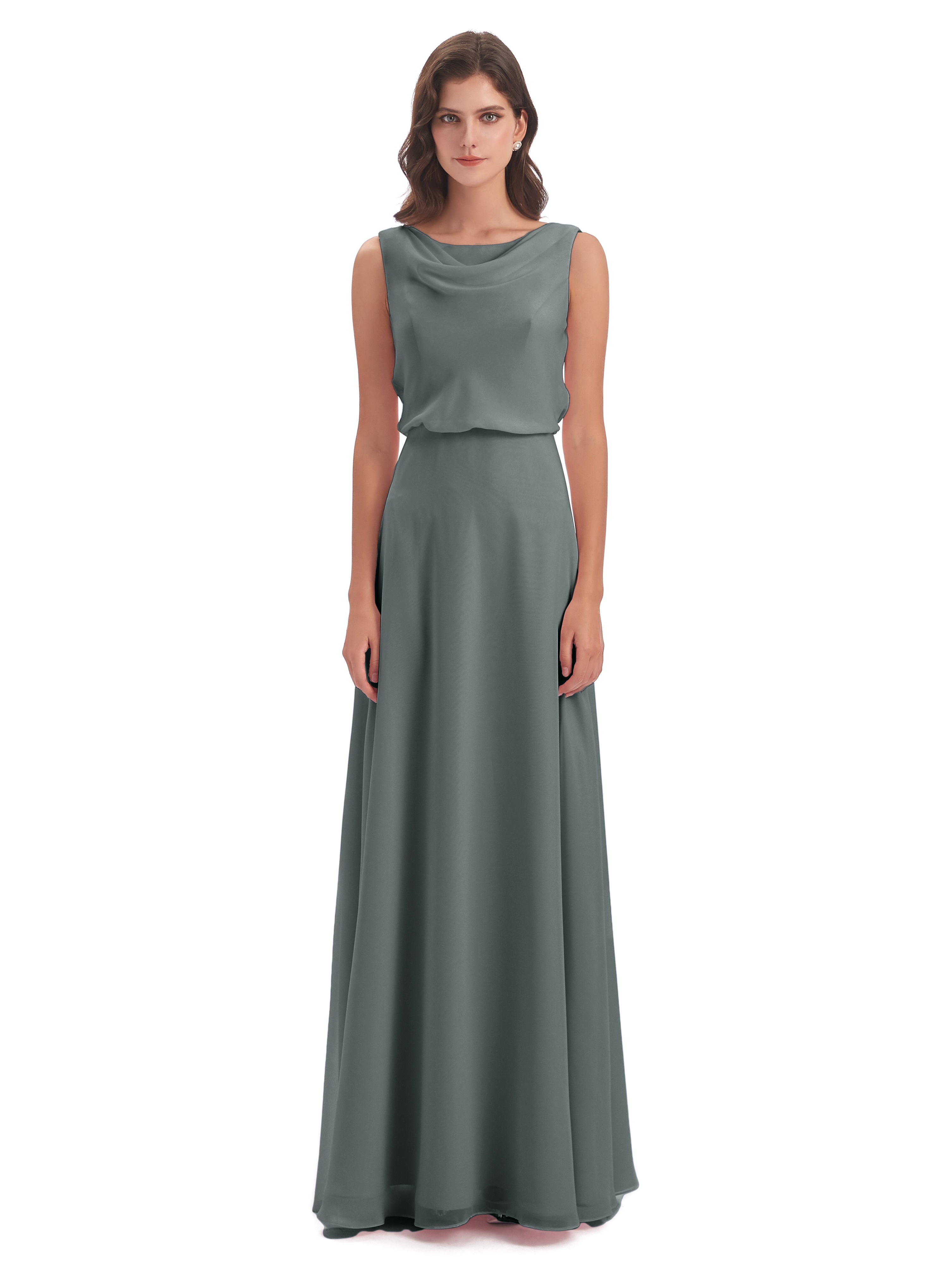 Robe Longue Grise Demoiselle D Honneur Lilou Fourreau/Colonne Col Bénitier Robes Demoiselle D'Honneur