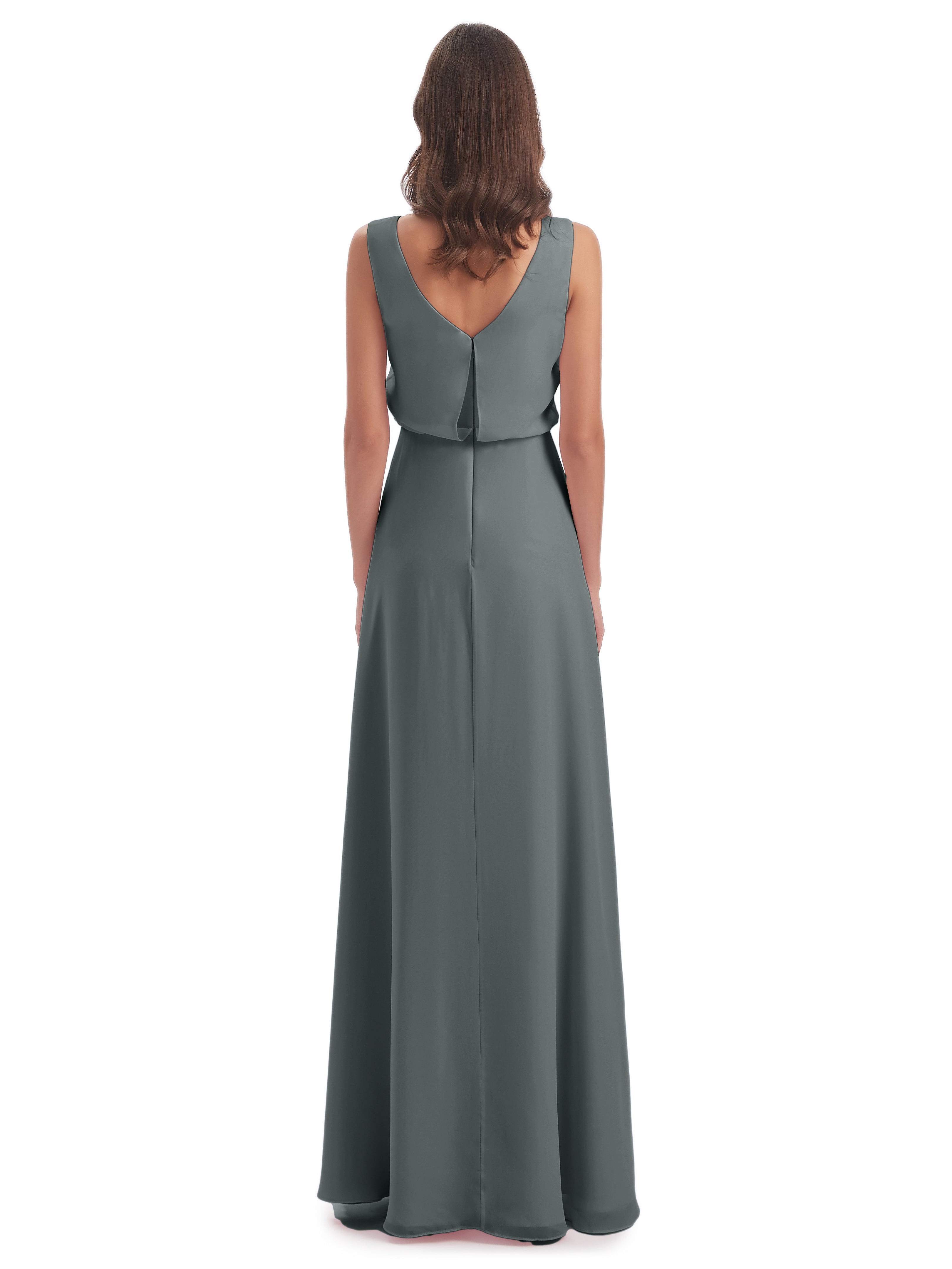 Robe Longue Grise Demoiselle D Honneur Lilou Fourreau/Colonne Col Bénitier Robes Demoiselle D'Honneur