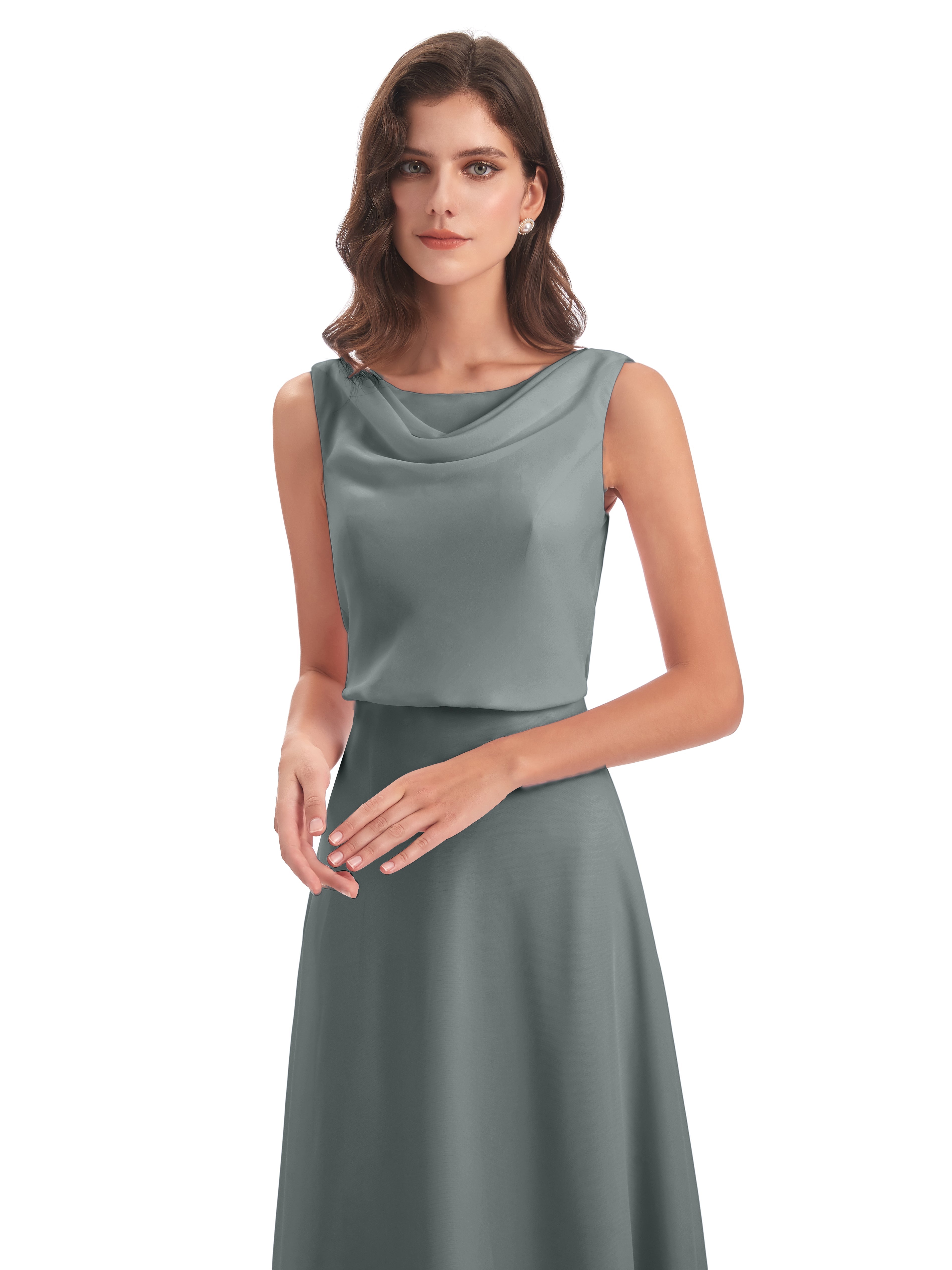 Robe Longue Grise Demoiselle D Honneur Lilou Fourreau/Colonne Col Bénitier Robes Demoiselle D'Honneur