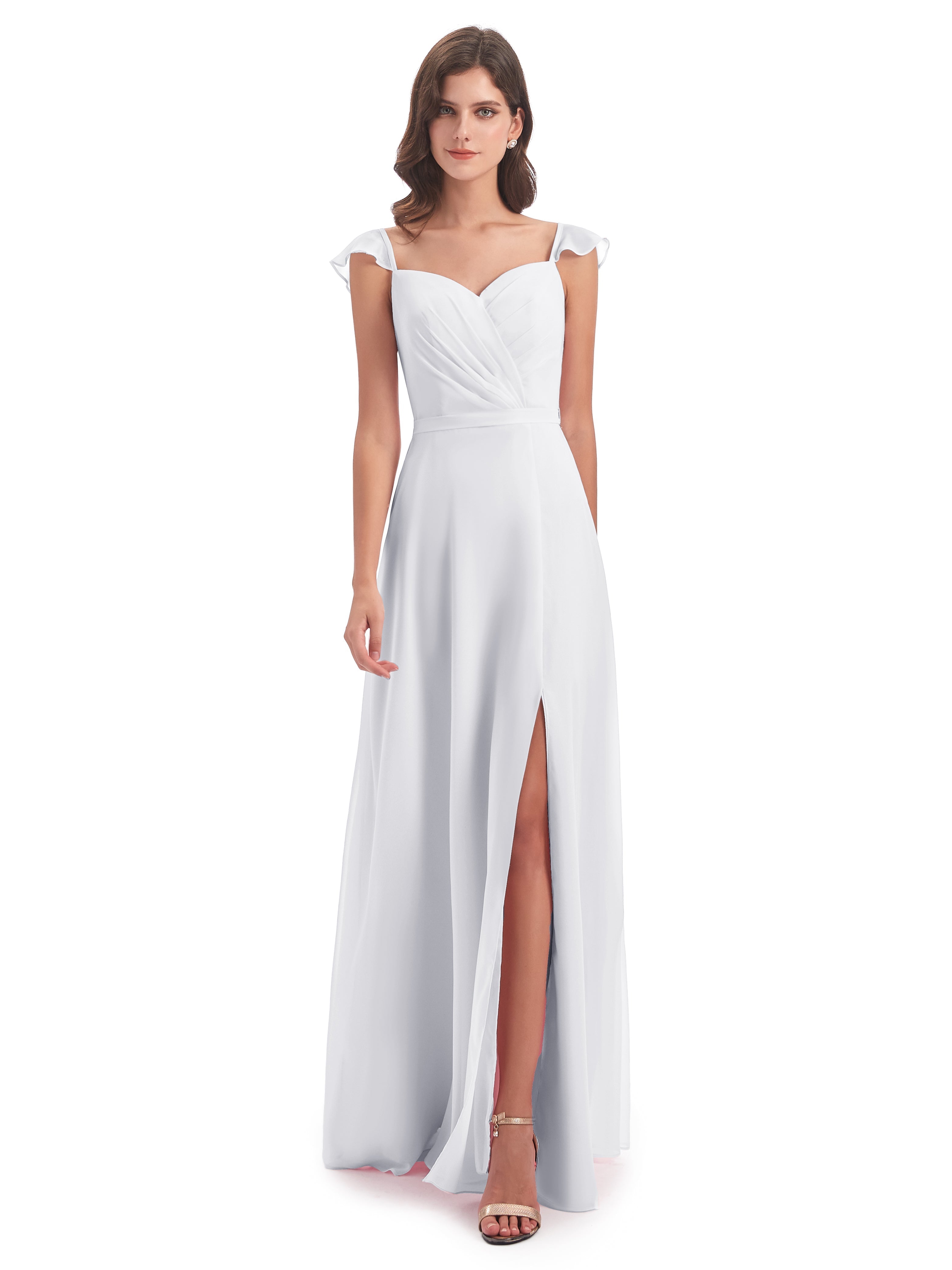 Robes De Demoiselle D'Honneur Blanches Fourreau/Colonne Mancherons Fendue Devant Robes Demoiselle D'Honneur