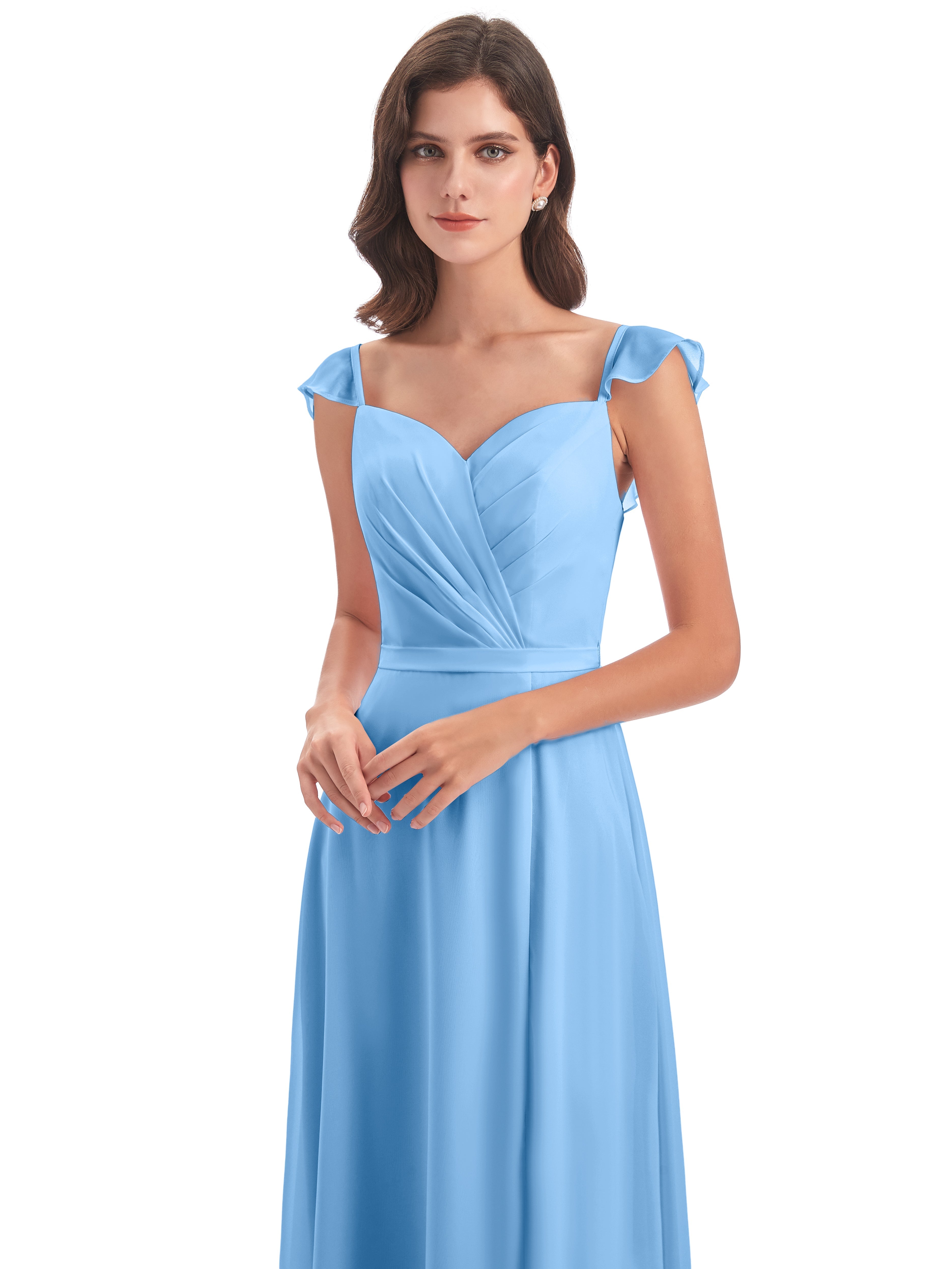 Demoiselle D Honneur Bleu Fourreau/Colonne Mancherons Fendue Devant Robes Demoiselle D'Honneur