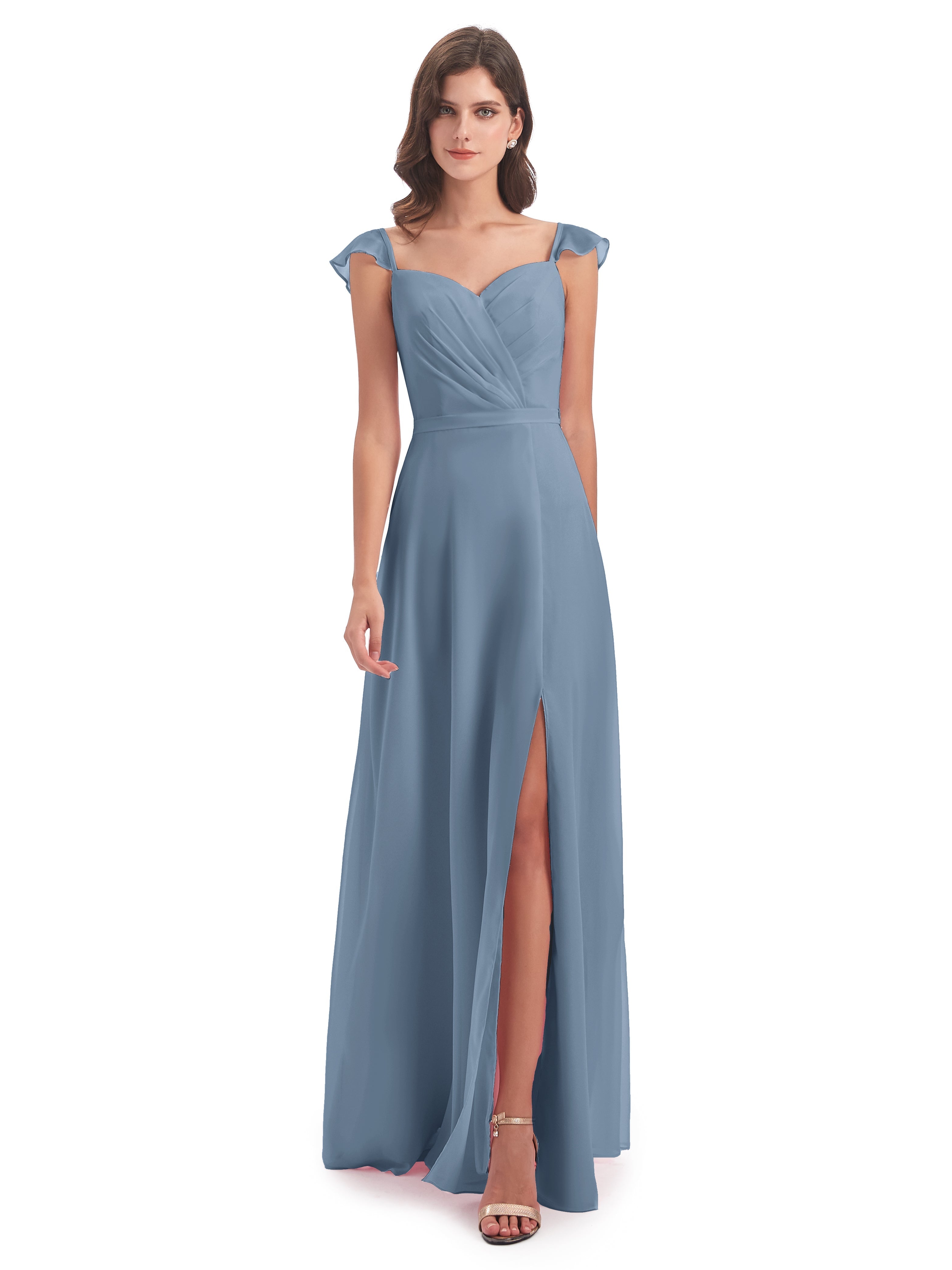 Robes De Demoiselle D'Honneur Bleu De Schiste Fourreau/Colonne Mancherons Fendue Devant Robes Demoiselle D'Honneur