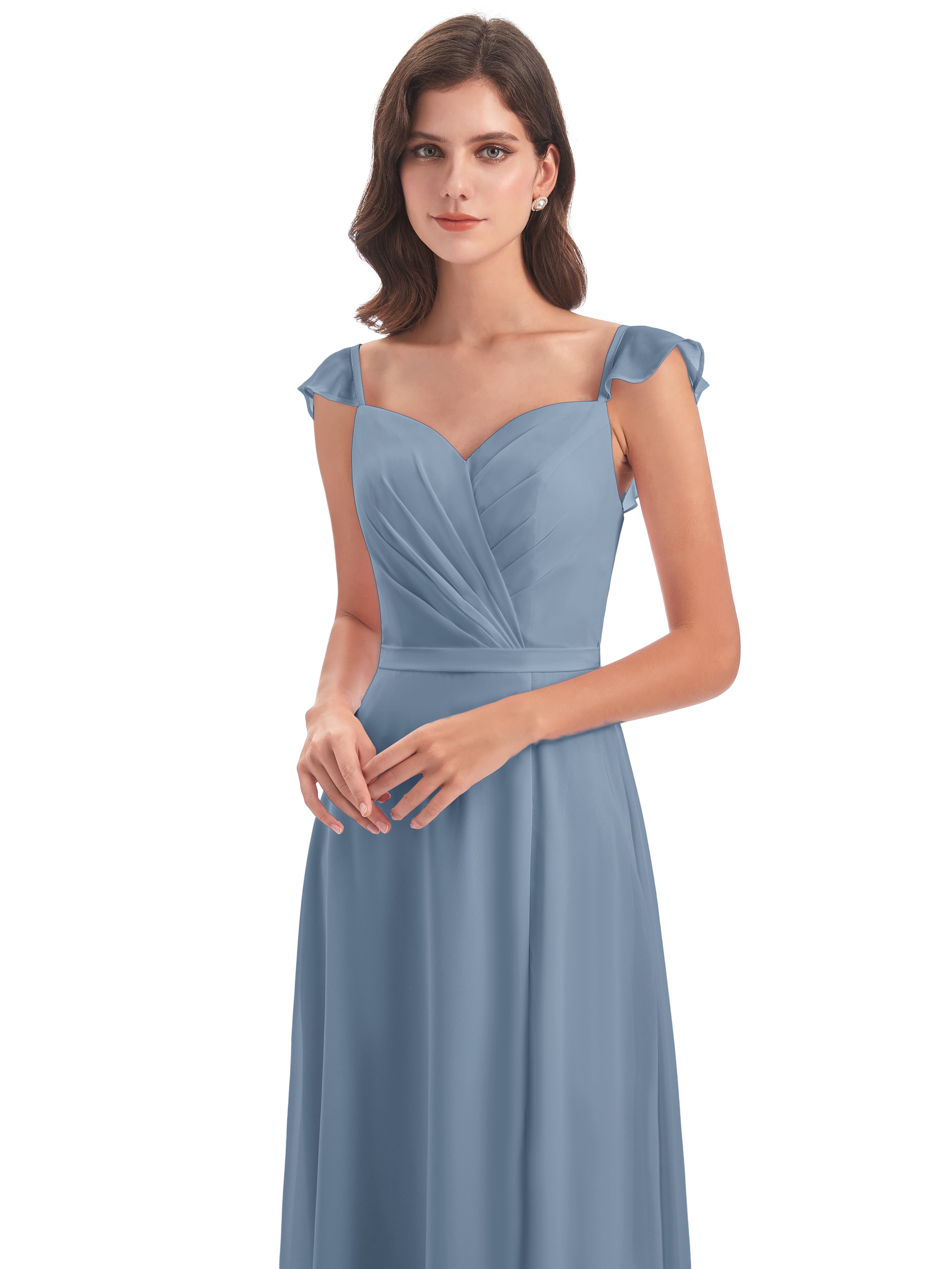 Robes De Demoiselle D'Honneur Bleu De Schiste Fourreau/Colonne Mancherons Fendue Devant Robes Demoiselle D'Honneur