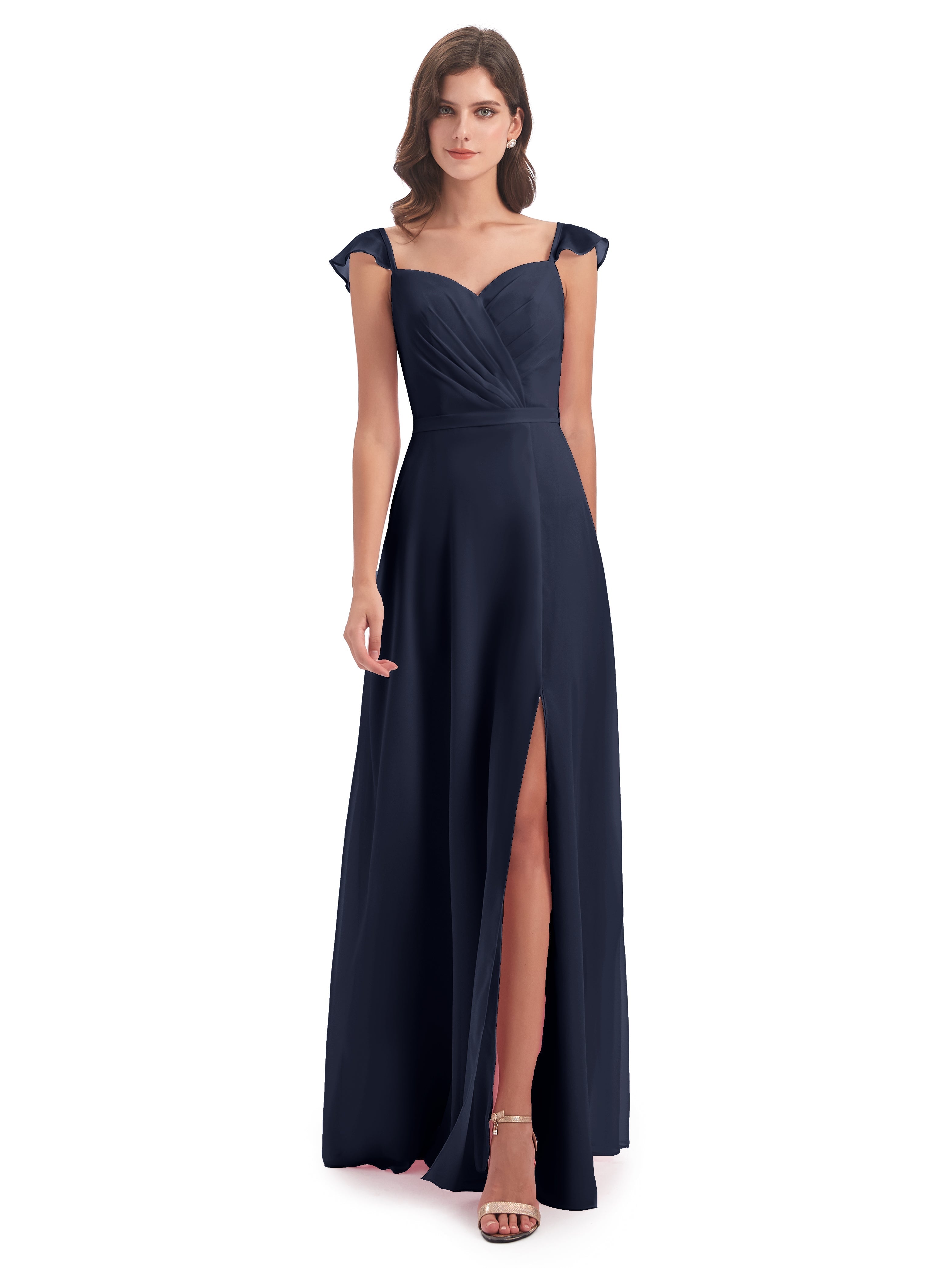Robe De Demoiselle D Honneur Bleu Marine Fourreau/Colonne Mancherons Fendue Devant Robes Demoiselle D'Honneur