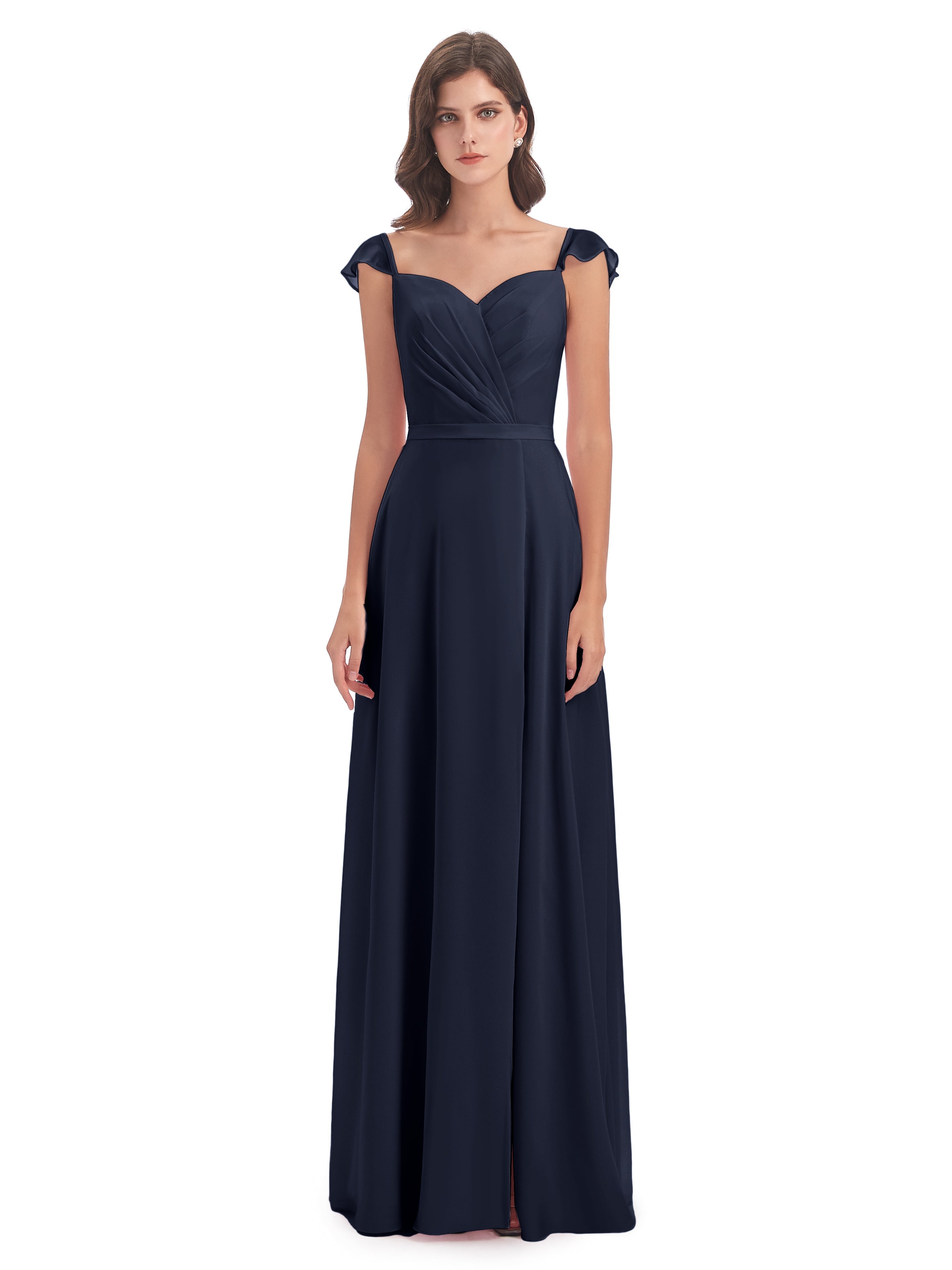 Robe De Demoiselle D Honneur Bleu Marine Fourreau/Colonne Mancherons Fendue Devant Robes Demoiselle D'Honneur