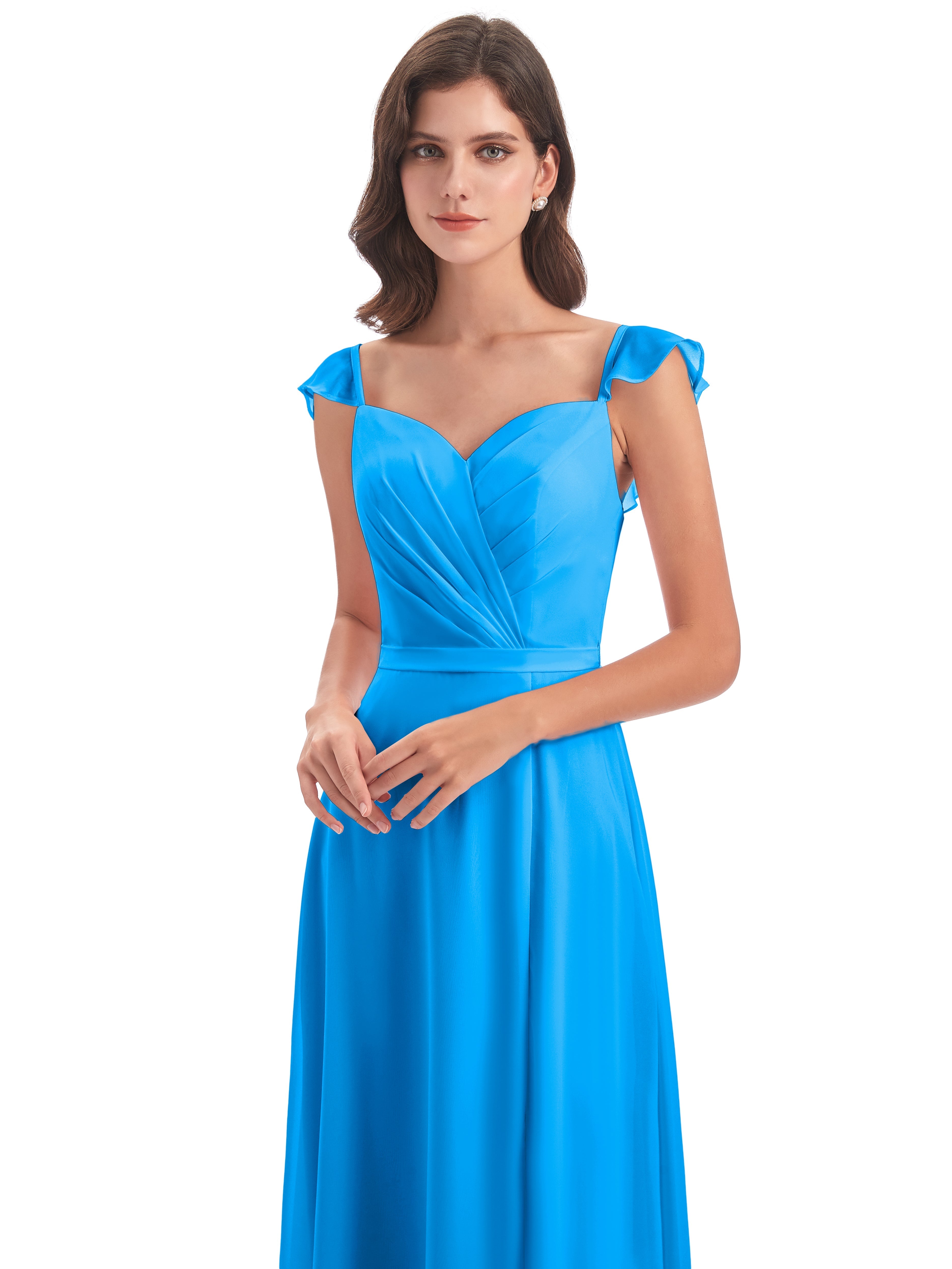 Robes De Demoiselle D'Honneur Bleu Océan Fourreau/Colonne Mancherons Fendue Devant Robes Demoiselle D'Honneur