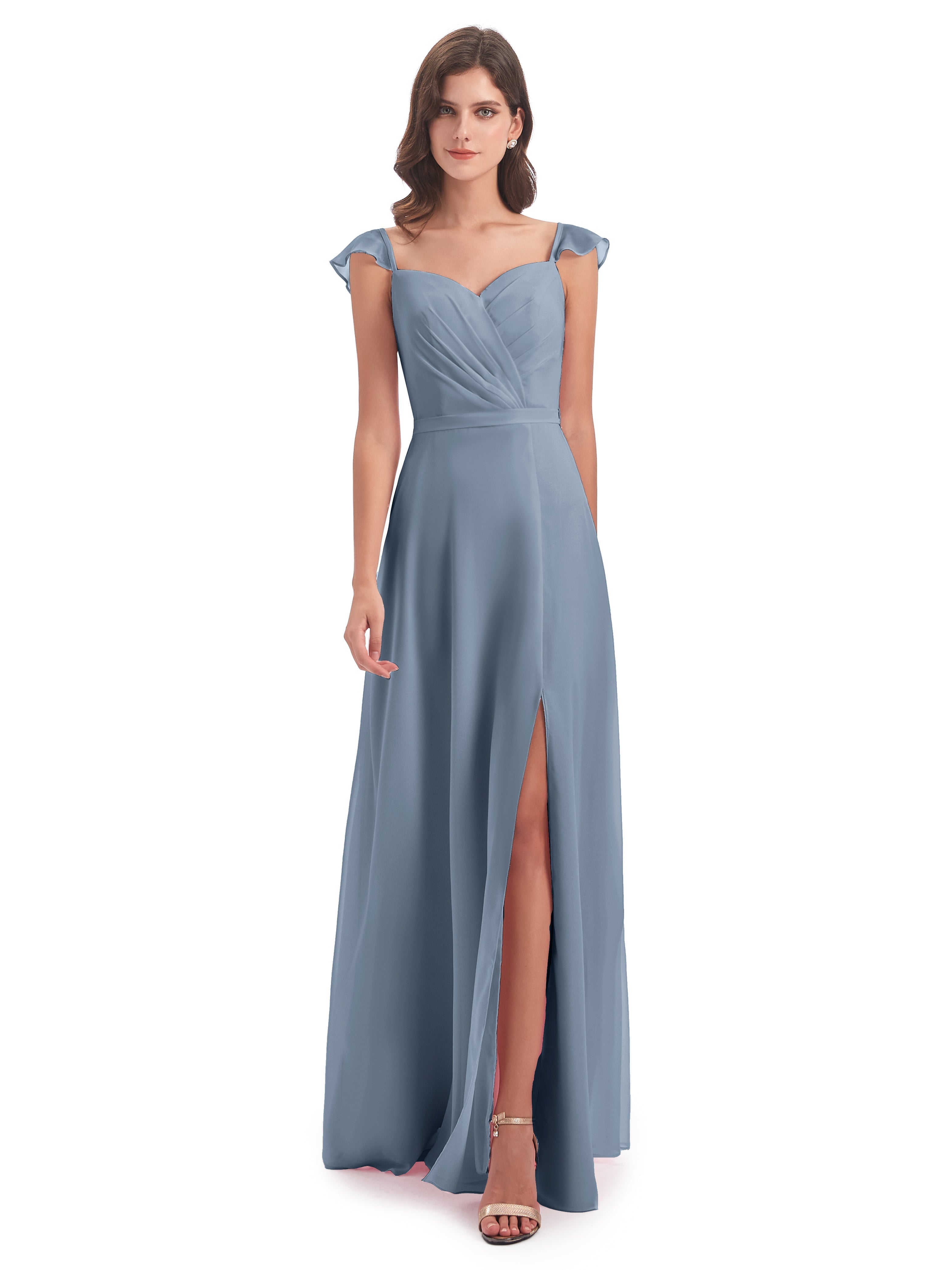 Robes De Demoiselle D'Honneur Bleu Poudre Fourreau/Colonne Mancherons Fendue Devant Robes Demoiselle D'Honneur