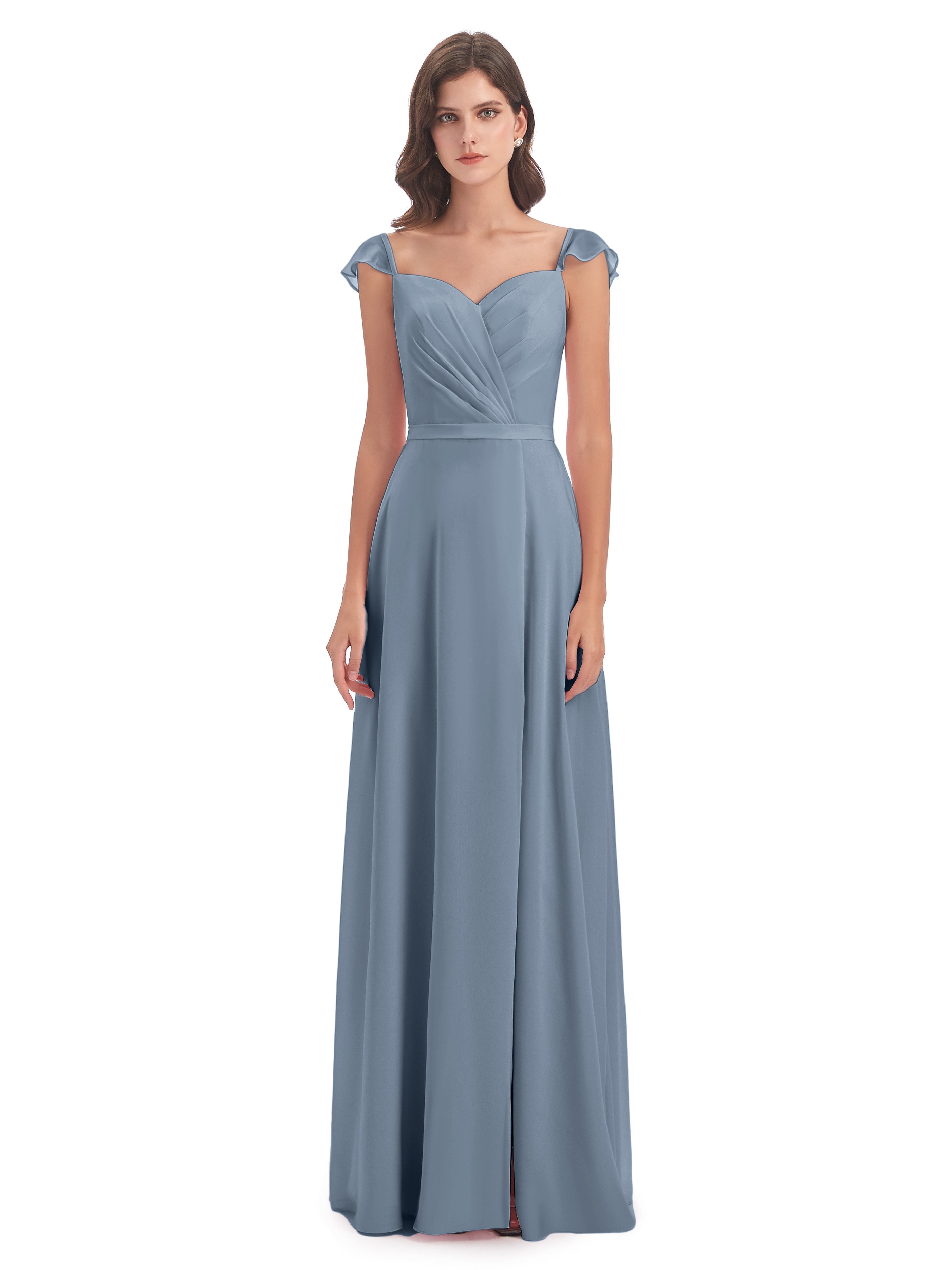 Robes De Demoiselle D'Honneur Bleu Poudre Fourreau/Colonne Mancherons Fendue Devant Robes Demoiselle D'Honneur