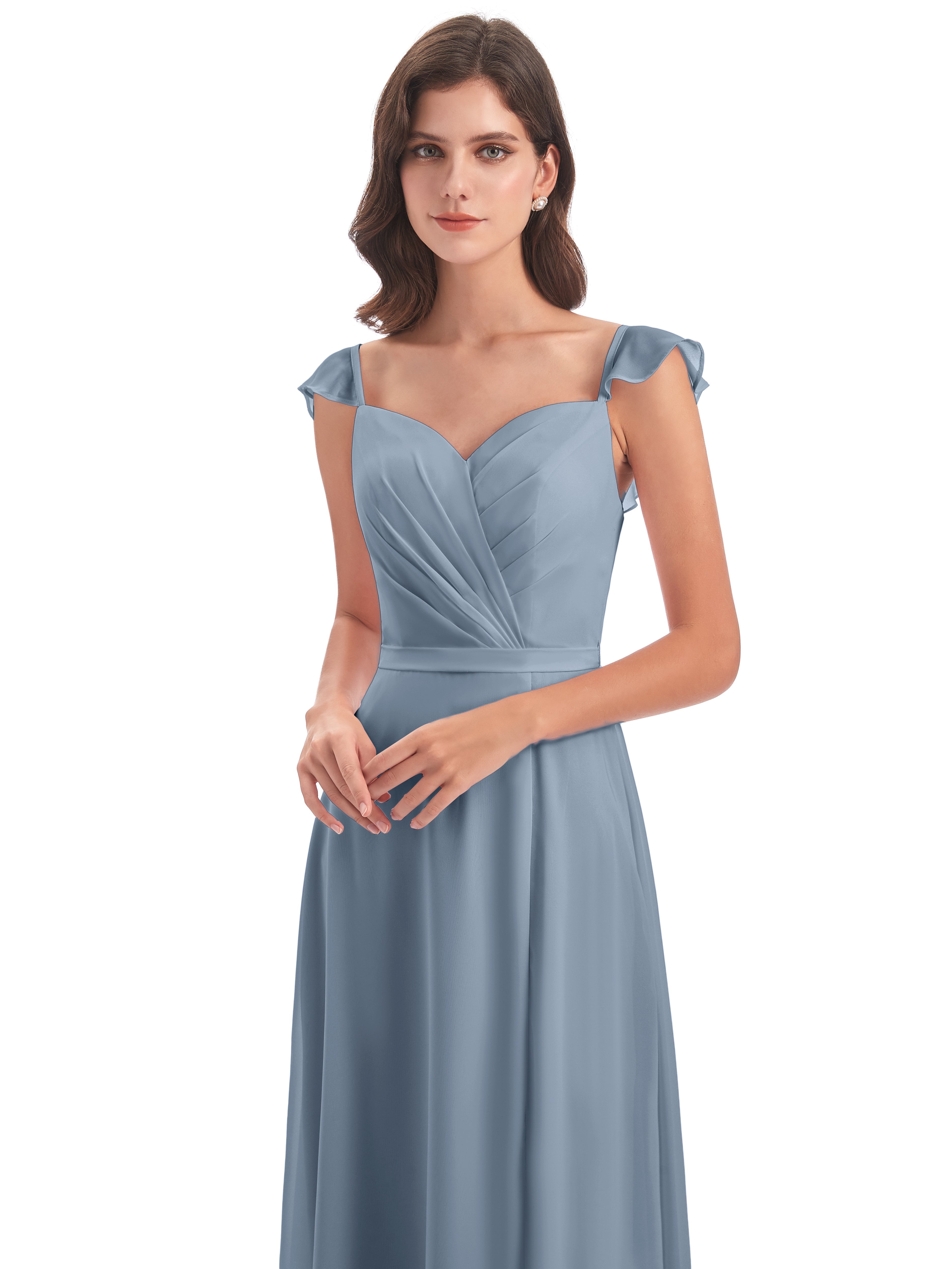 Robes De Demoiselle D'Honneur Bleu Poudre Fourreau/Colonne Mancherons Fendue Devant Robes Demoiselle D'Honneur