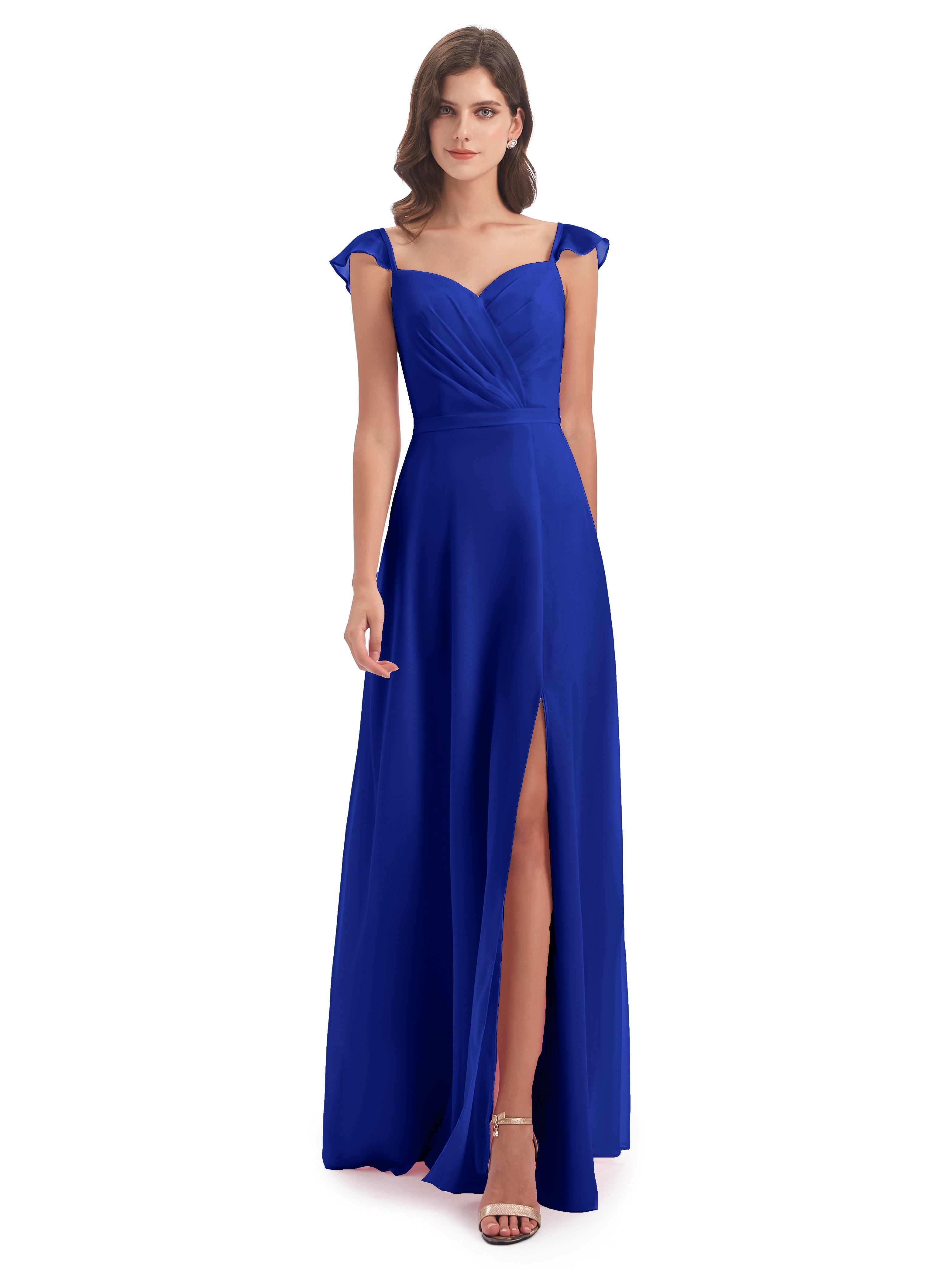 Robe Demoiselle D Honneur Bleue Roi Fourreau/Colonne Mancherons Fendue Devant Robes Demoiselle D'Honneur