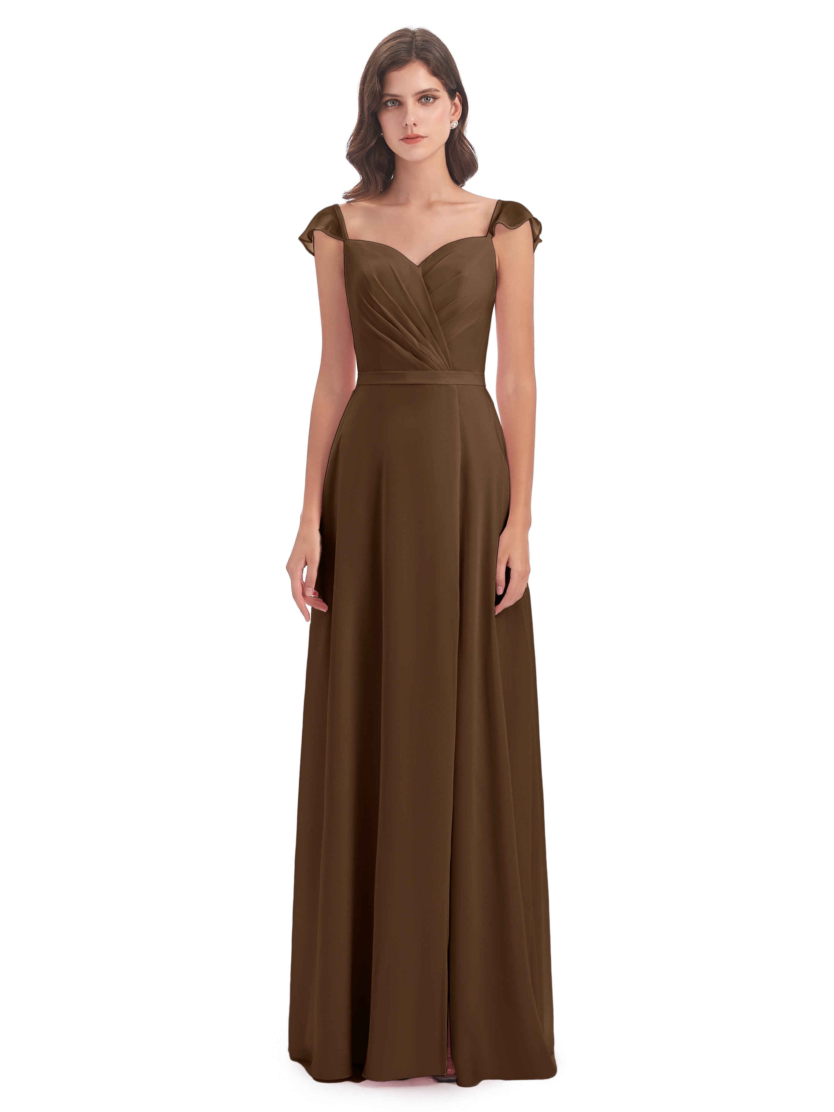 Robe Demoiselle D Honneur Brun Fourreau/Colonne Mancherons Fendue Devant Robes Demoiselle D'Honneur