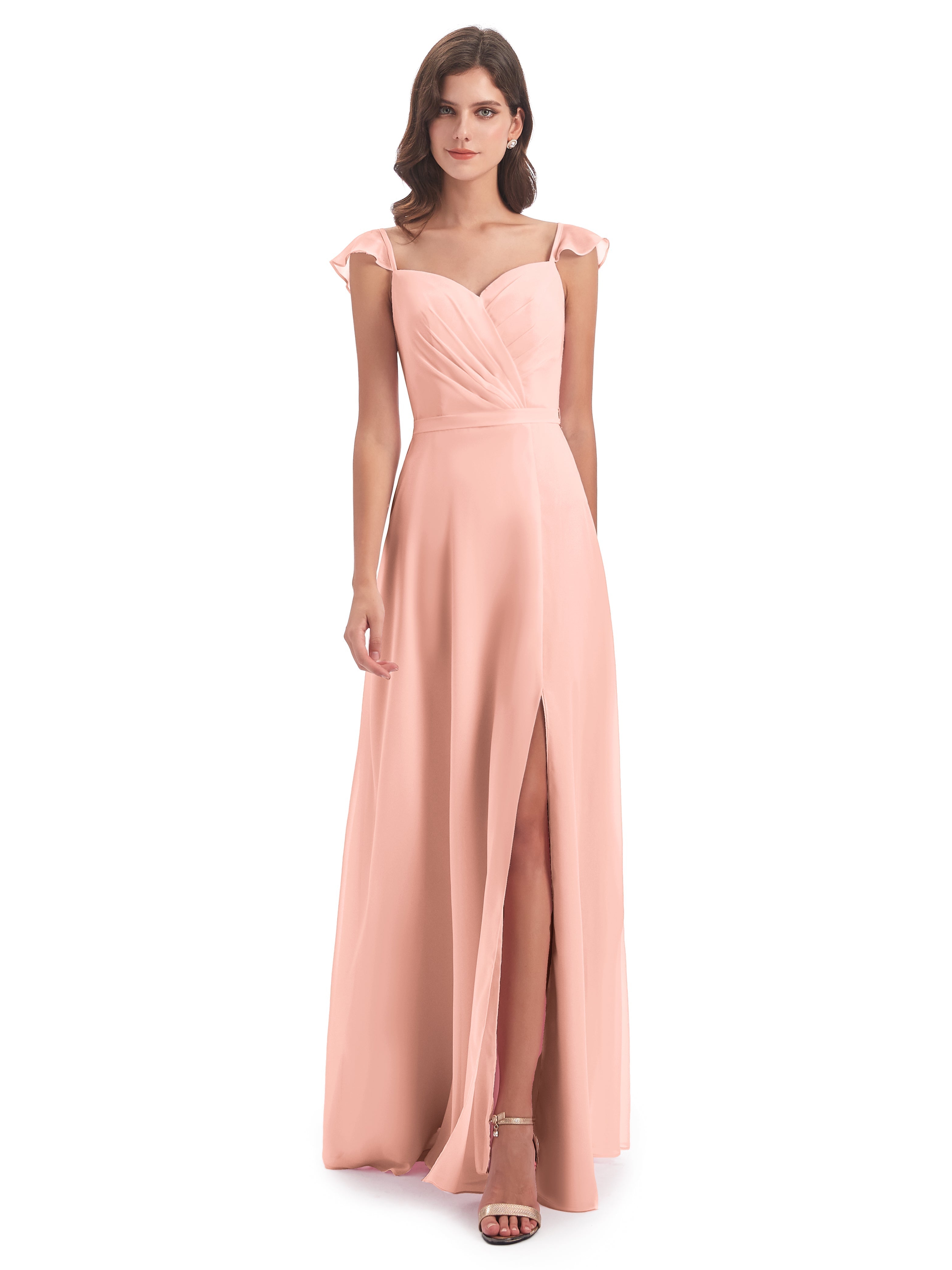 Robes Demoiselles D Honneur Corail Fourreau/Colonne Mancherons Fendue Devant Robes Demoiselle D'Honneur