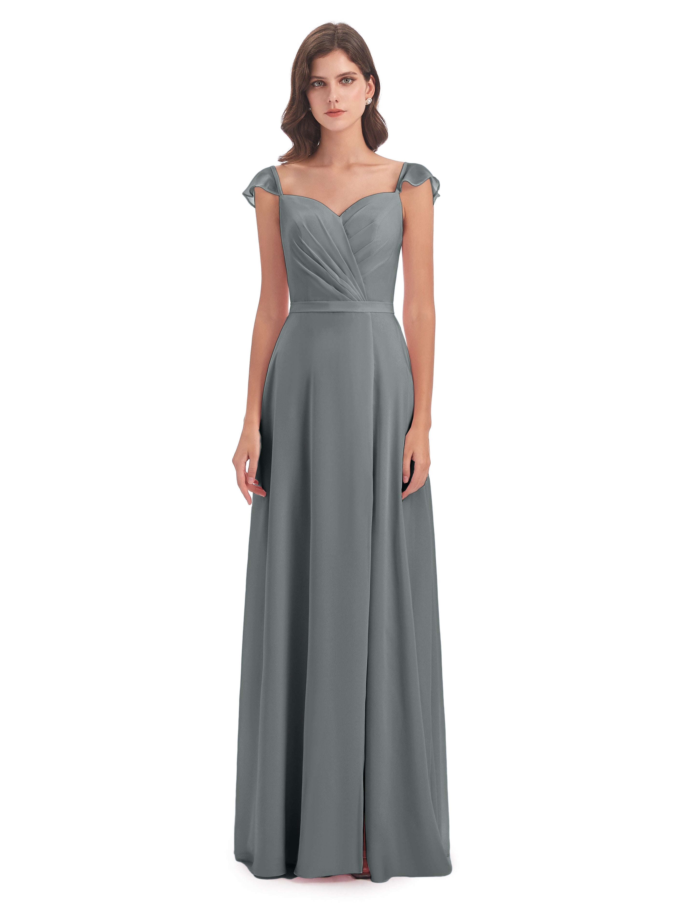 Robe Demoiselle D Honneur Grise Fourreau/Colonne Mancherons Fendue Devant Robes Demoiselle D'Honneur
