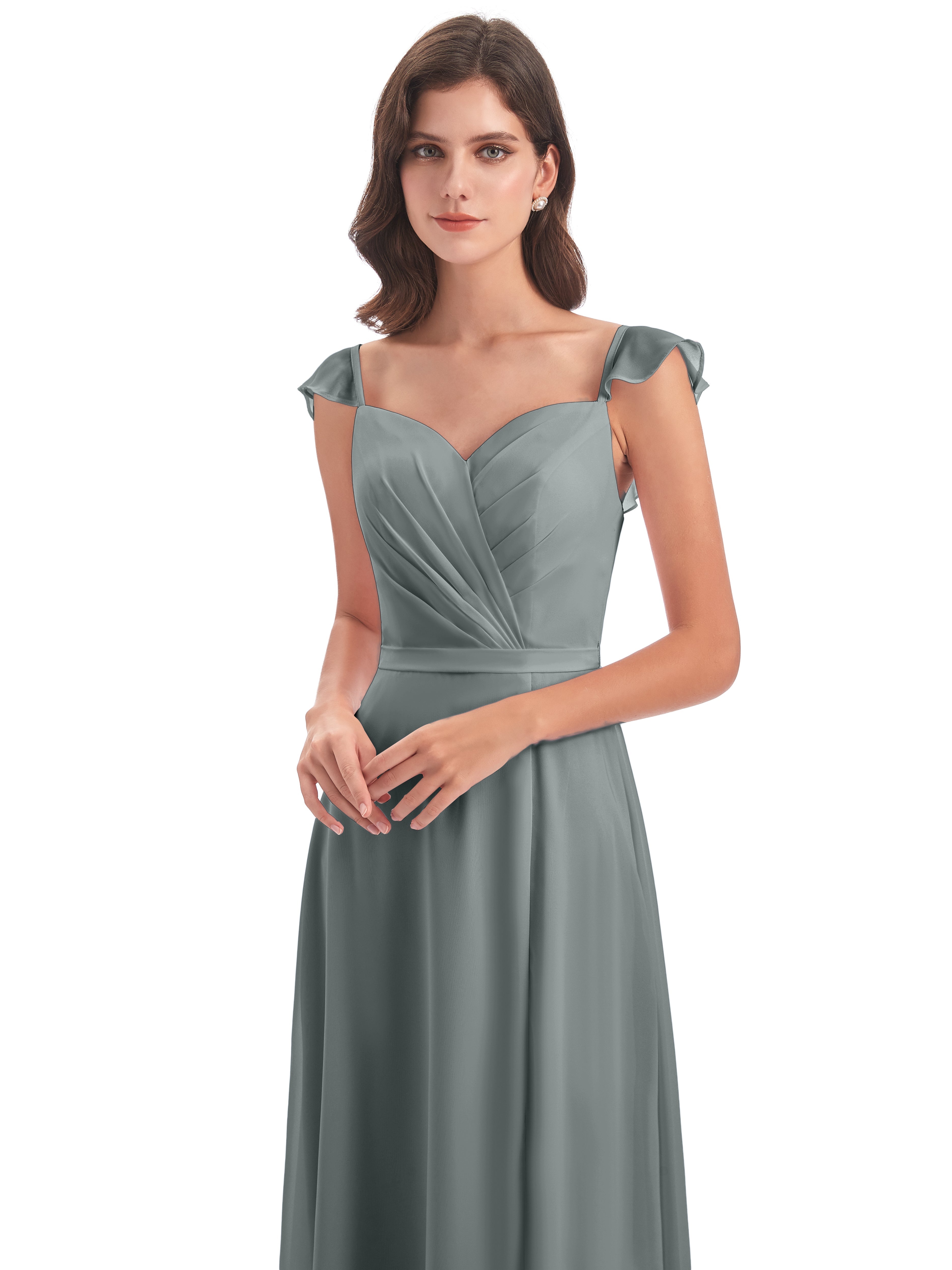 Robe Demoiselle D Honneur Grise Fourreau/Colonne Mancherons Fendue Devant Robes Demoiselle D'Honneur