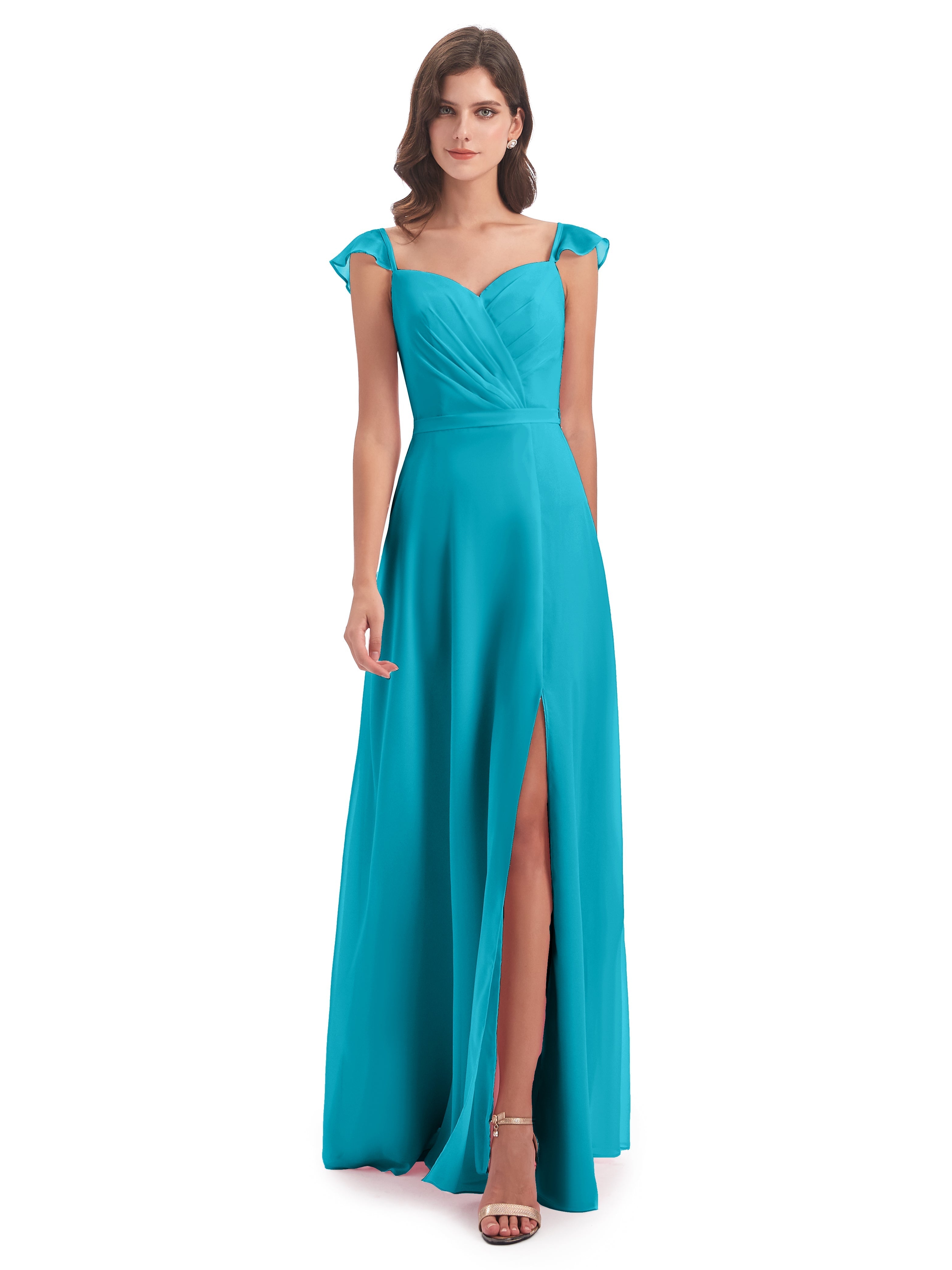 Robes De Demoiselle D'Honneur Vert Jade Fourreau/Colonne Mancherons Fendue Devant Robes Demoiselle D'Honneur