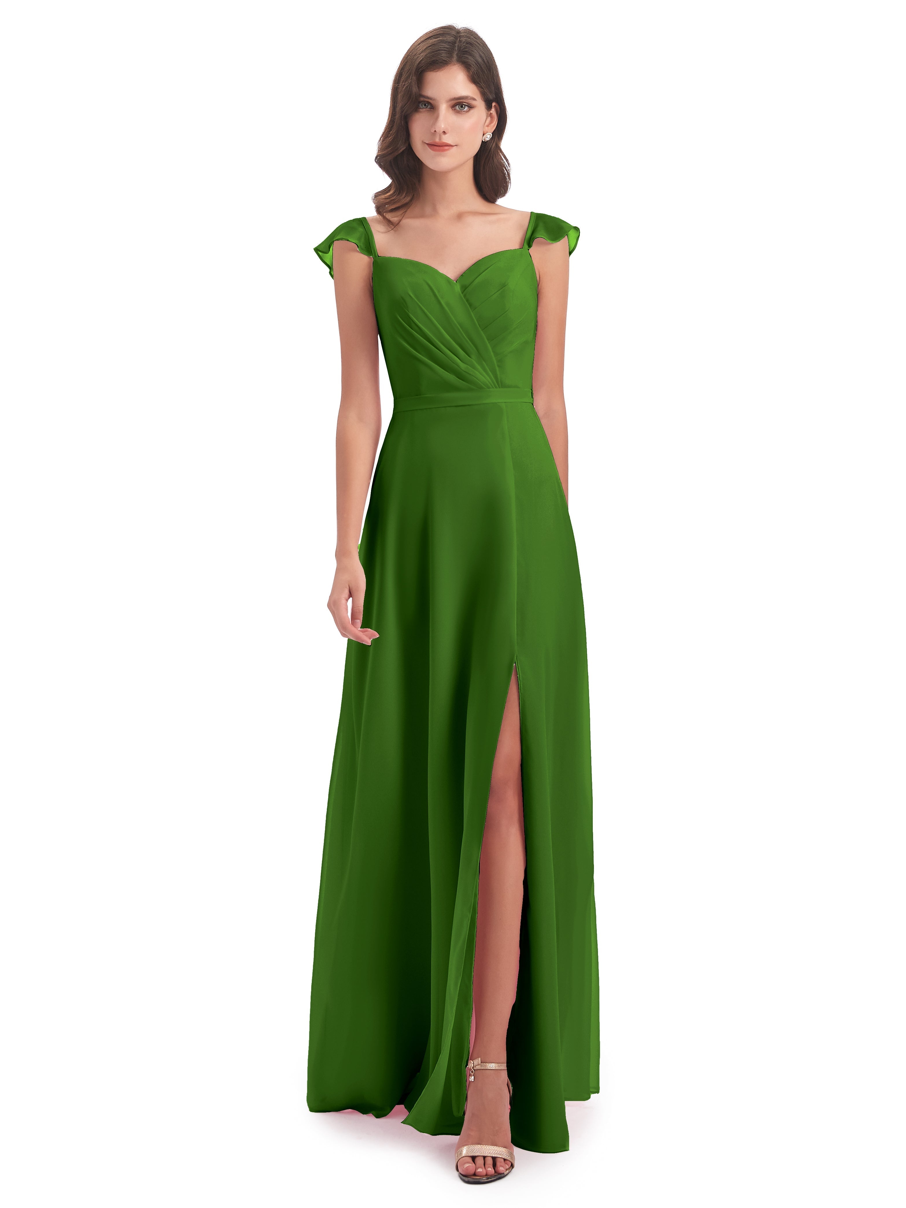 Robes De Demoiselle D'Honneur Vert Mousse Fourreau/Colonne Mancherons Fendue Devant Robes Demoiselle D'Honneur