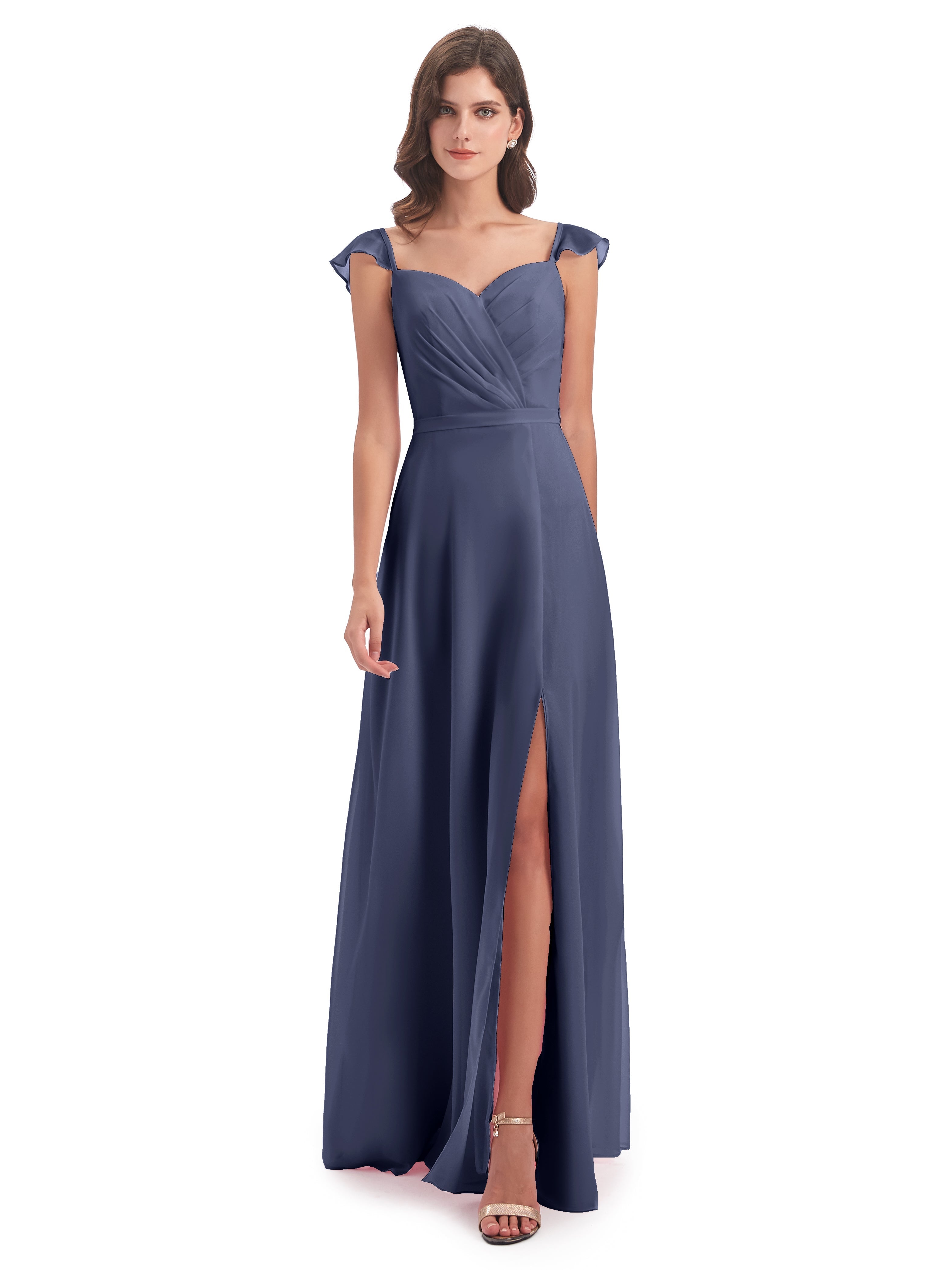 Robes De Demoiselle D'Honneur Bleu Orageux Fourreau/Colonne Mancherons Fendue Devant Robes Demoiselle D'Honneur