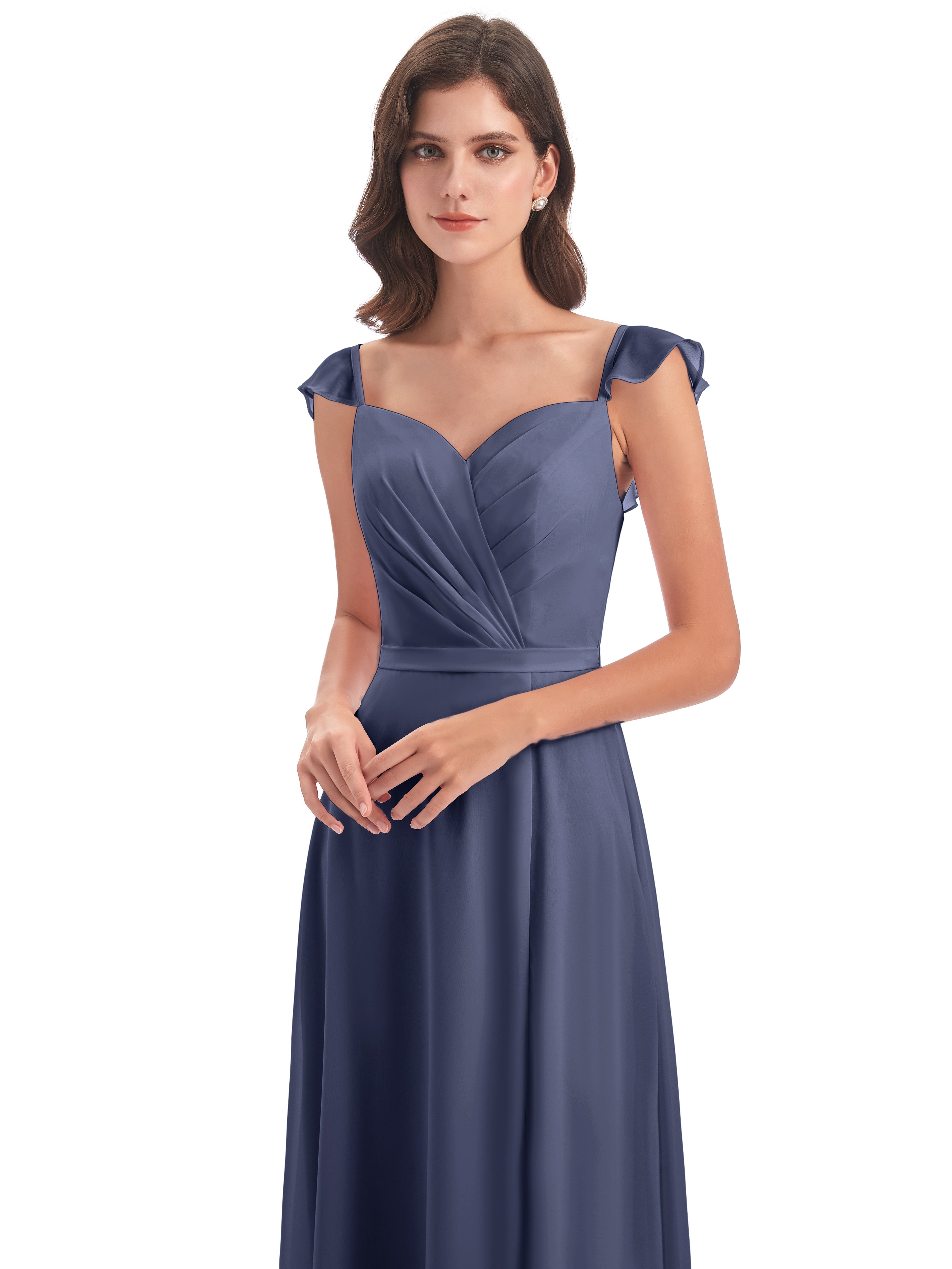 Robes De Demoiselle D'Honneur Bleu Orageux Fourreau/Colonne Mancherons Fendue Devant Robes Demoiselle D'Honneur