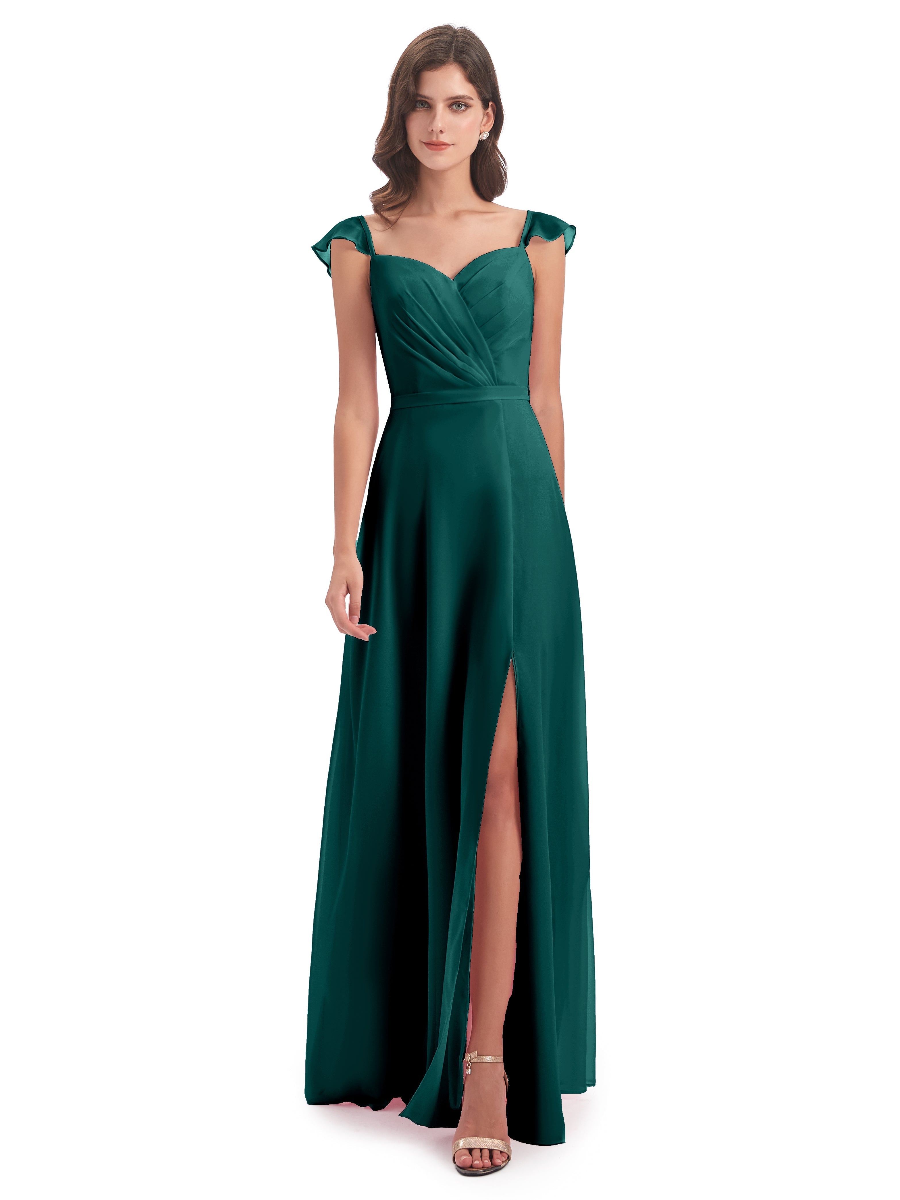 Robes De Demoiselle D'Honneur Couleur Paon Fourreau/Colonne Mancherons Fendue Devant Robes Demoiselle D'Honneur