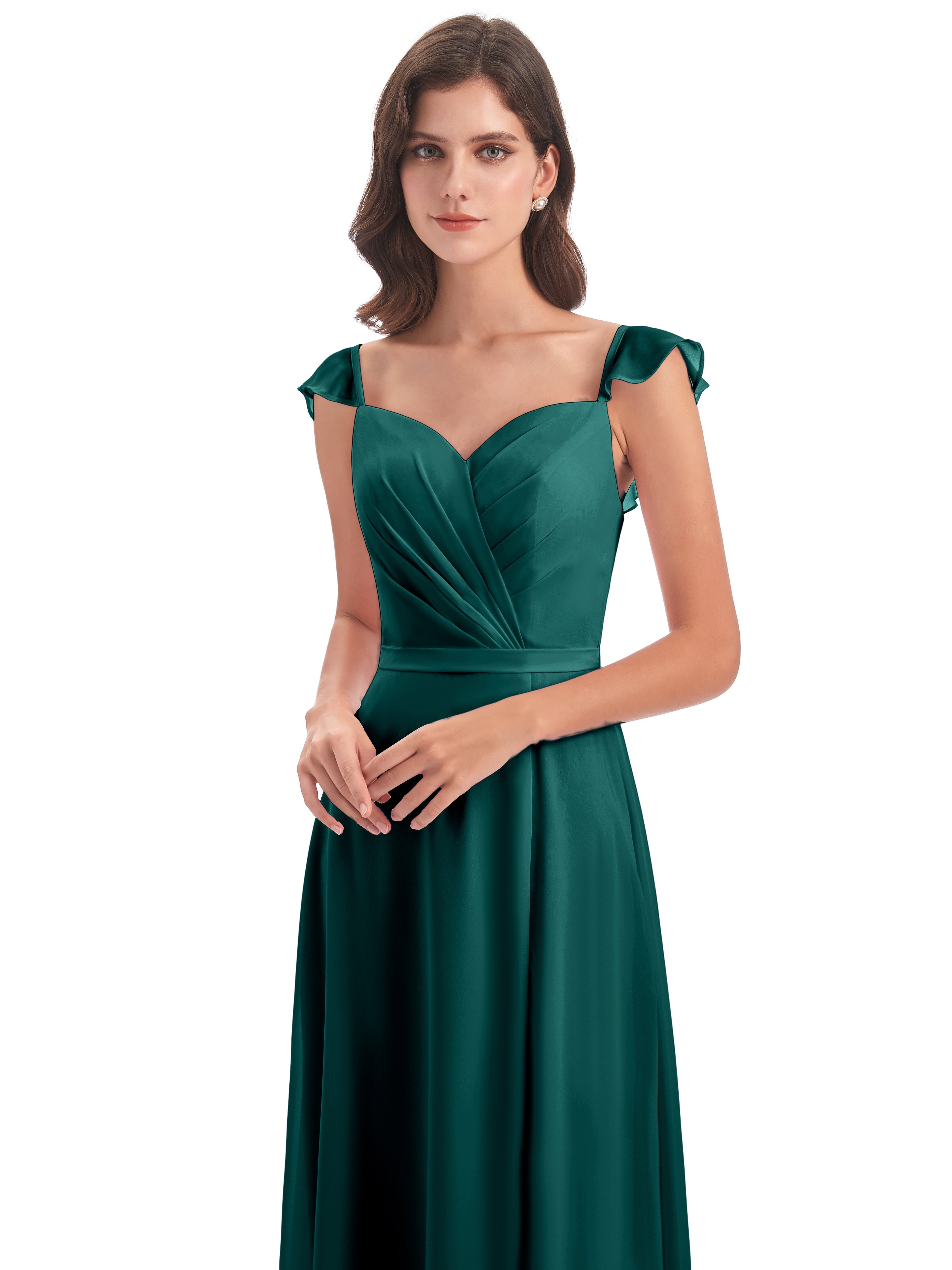 Robes De Demoiselle D'Honneur Couleur Paon Fourreau/Colonne Mancherons Fendue Devant Robes Demoiselle D'Honneur