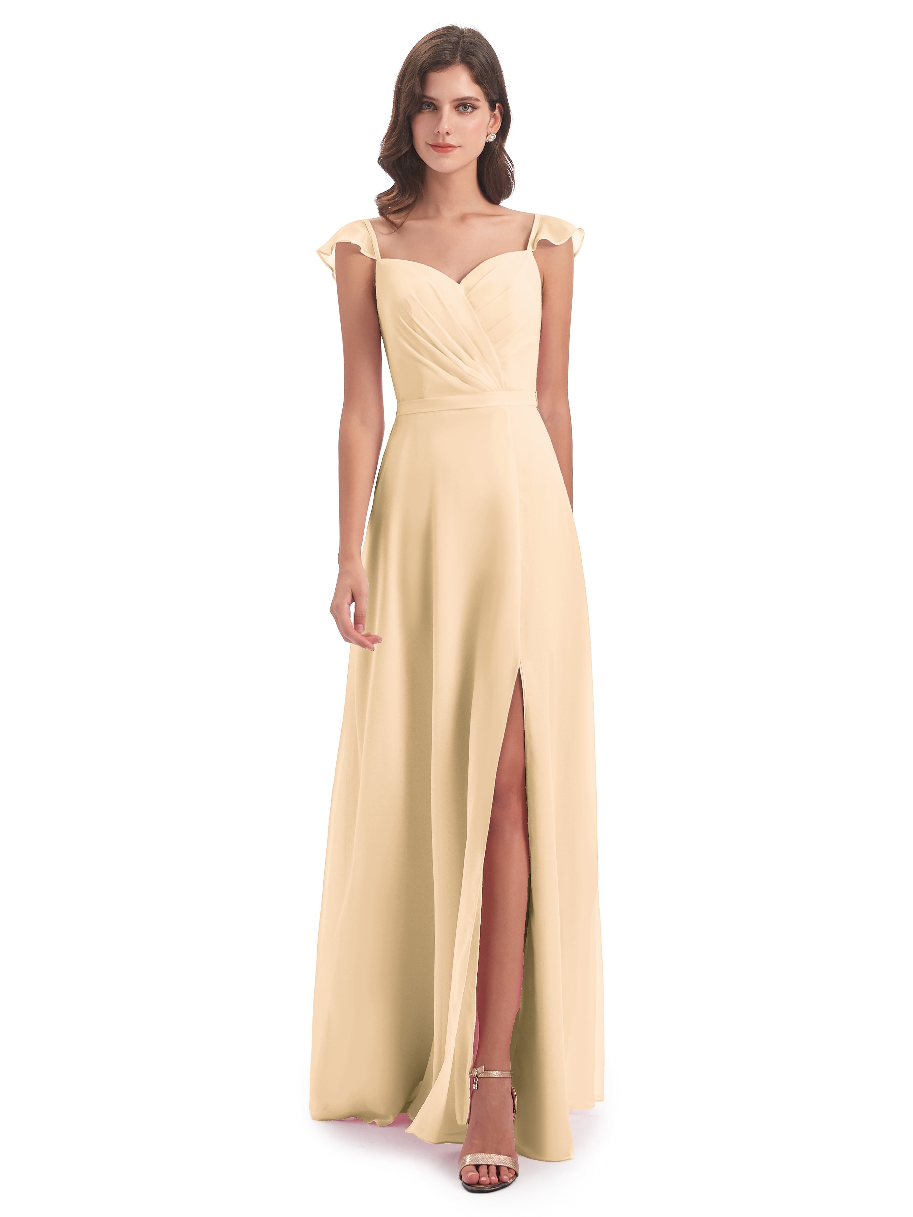 Robe Pêche Demoiselle D Honneur Fourreau/Colonne Mancherons Fendue Devant Robes Demoiselle D'Honneur