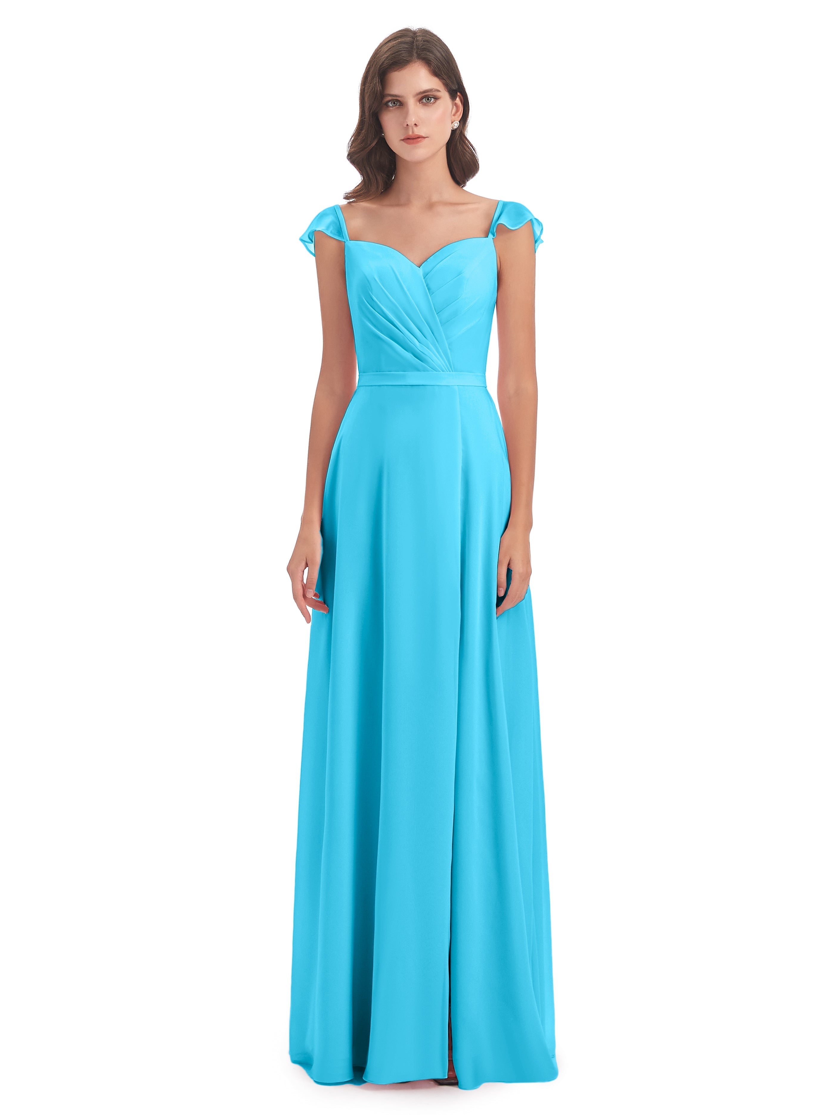 Robe De Demoiselle D'Honneur En Piscine Fourreau/Colonne Mancherons Fendue Devant Robes Demoiselle D'Honneur