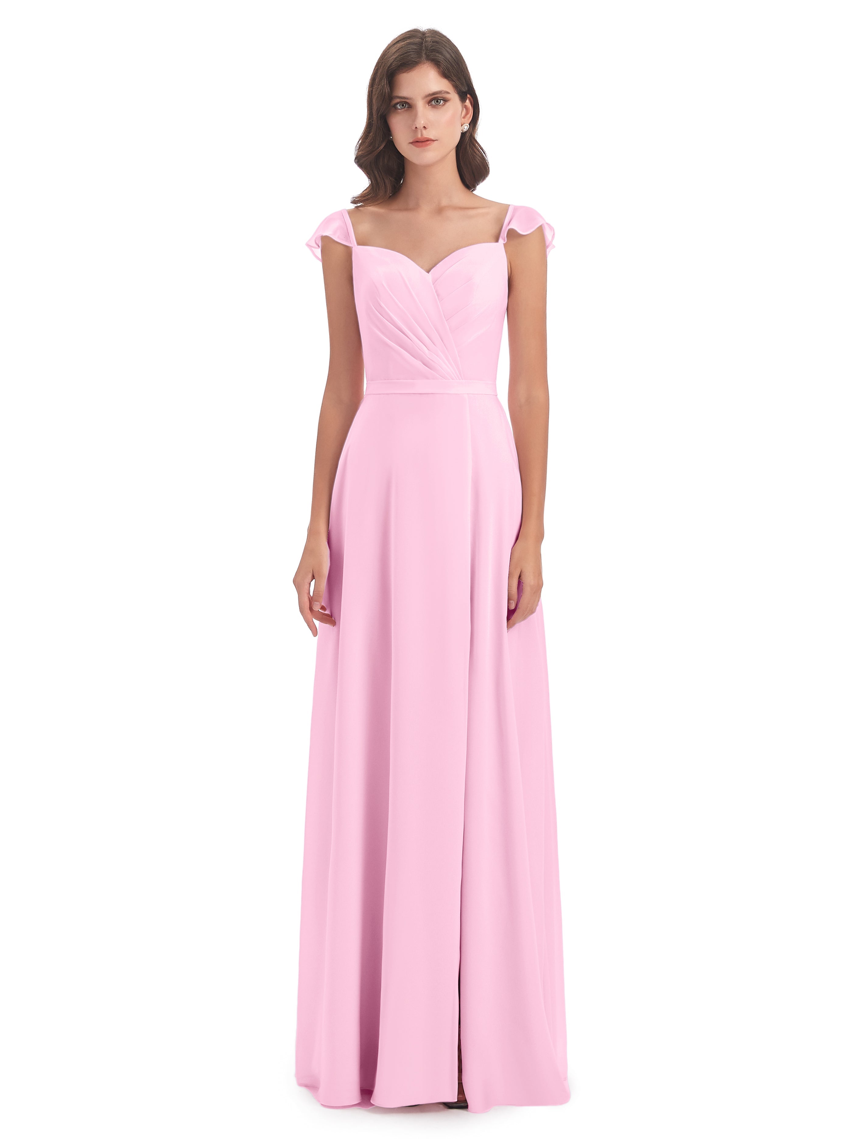 Robe Demoiselle D Honneur Rose Bonbon Fourreau/Colonne Mancherons Fendue Devant Robes Demoiselle D'Honneur