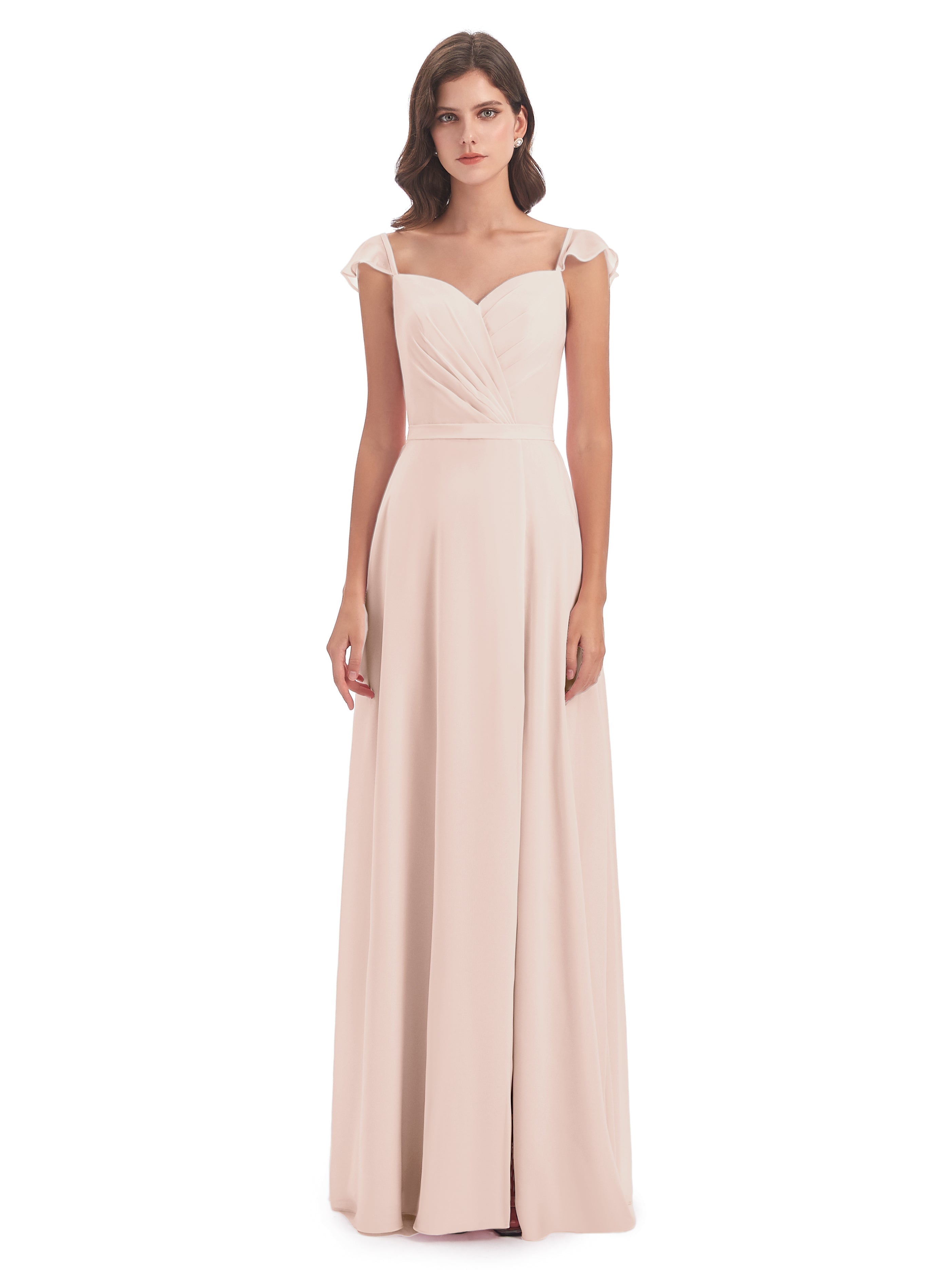 Robe Demoiselle D Honneur Rose Perle Fourreau/Colonne Mancherons Fendue Devant Robes Demoiselle D'Honneur