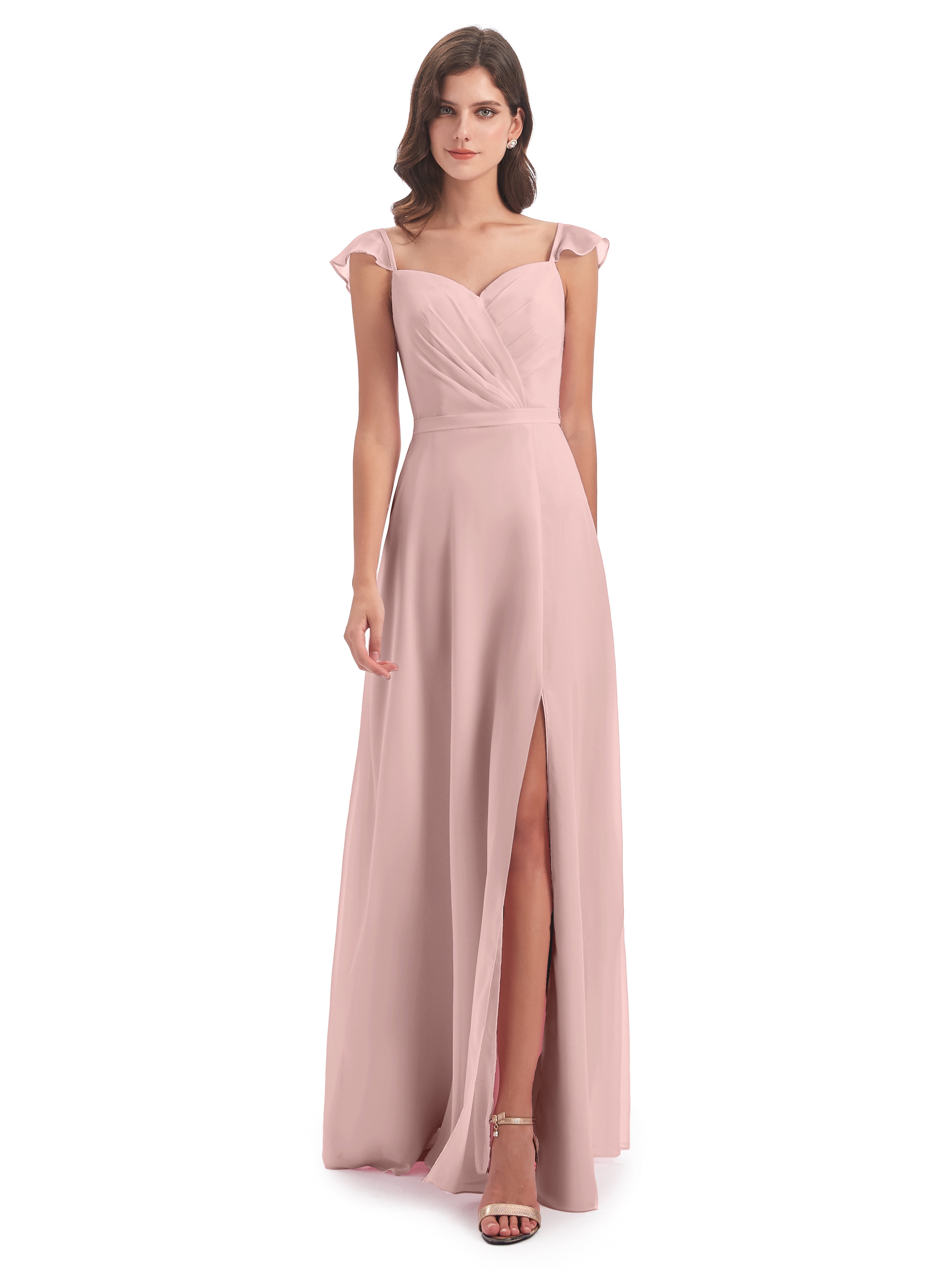 Robe De Demoiselle D Honneur Rose Poudré Fourreau/Colonne Mancherons Fendue Devant Robes Demoiselle D'Honneur