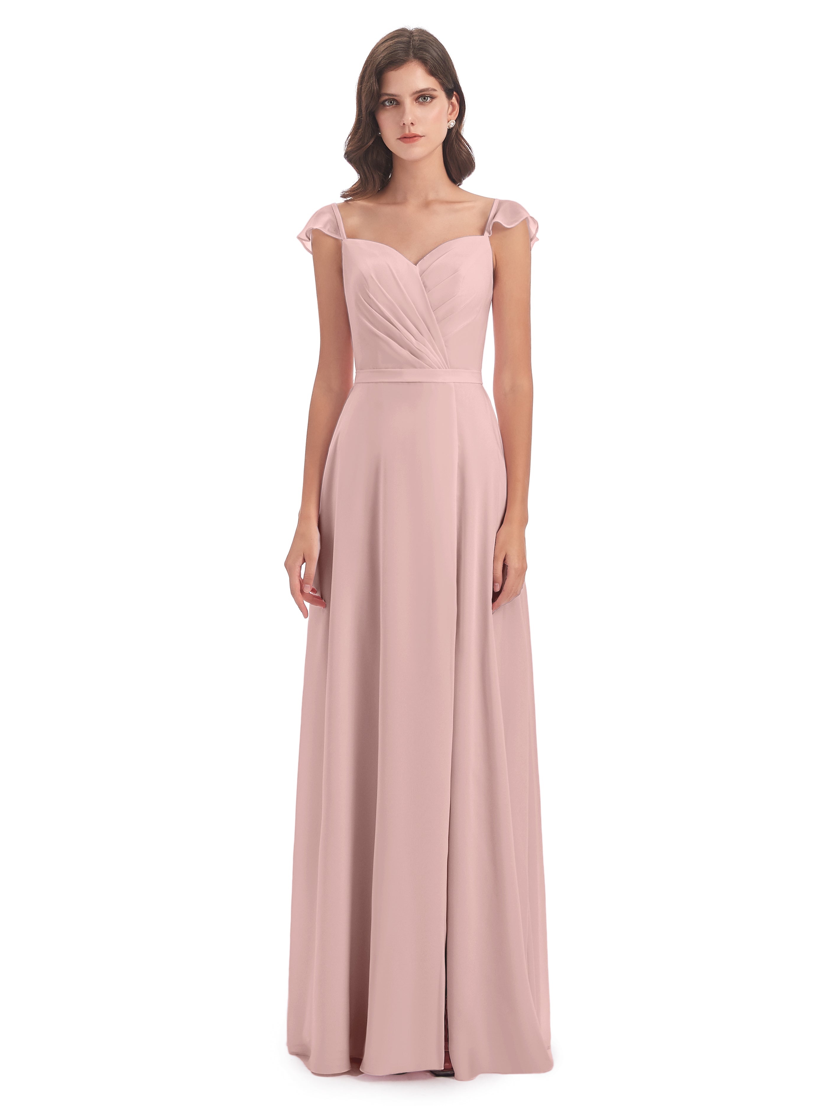 Robe De Demoiselle D Honneur Rose Poudré Fourreau/Colonne Mancherons Fendue Devant Robes Demoiselle D'Honneur