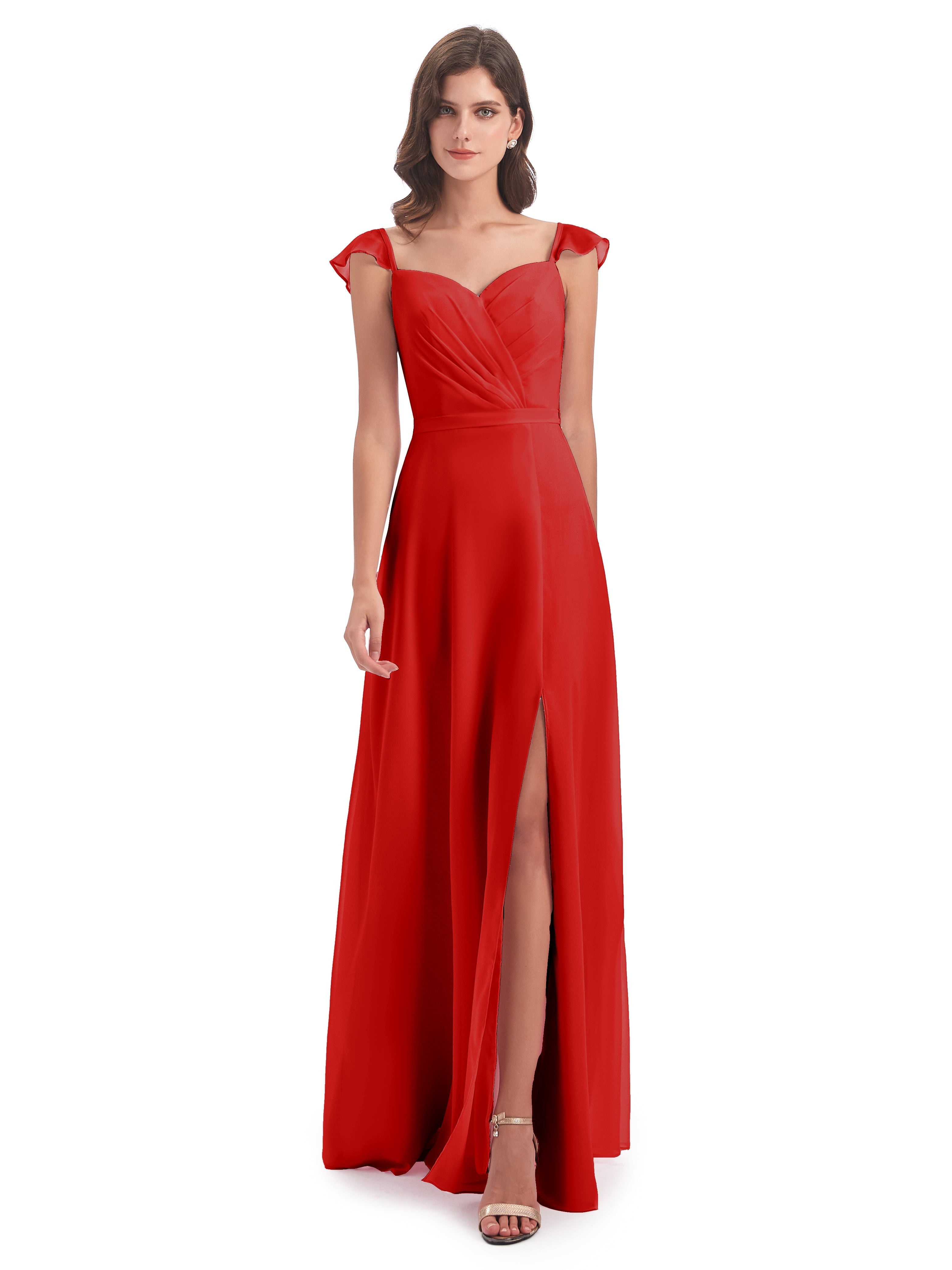 Robe Rouge De Demoiselle D Honneur Fourreau/Colonne Mancherons Fendue Devant Robes Demoiselle D'Honneur