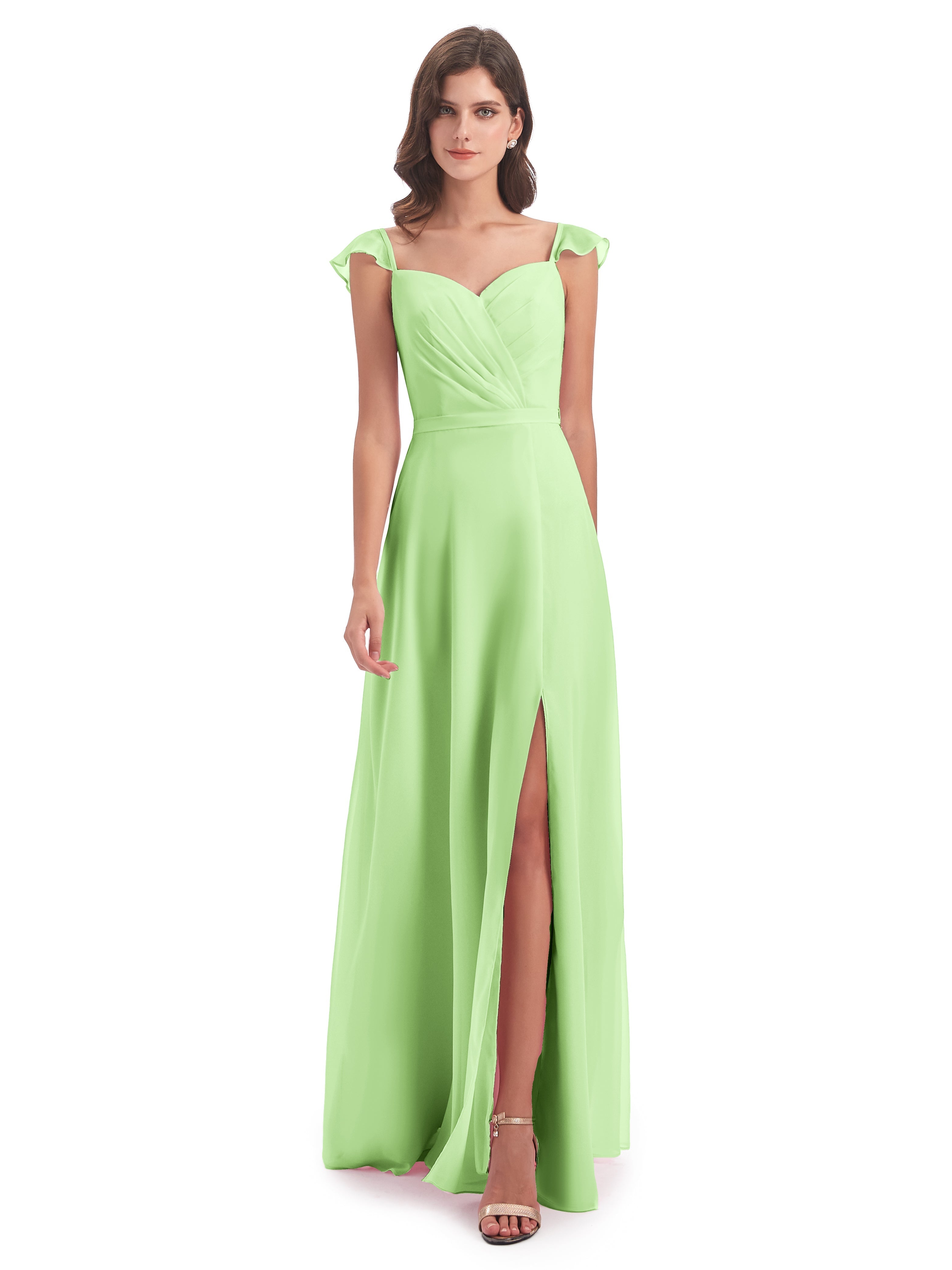 Demoiselle D Honneur Vert Sauge Fourreau/Colonne Mancherons Fendue Devant Robes Demoiselle D'Honneur