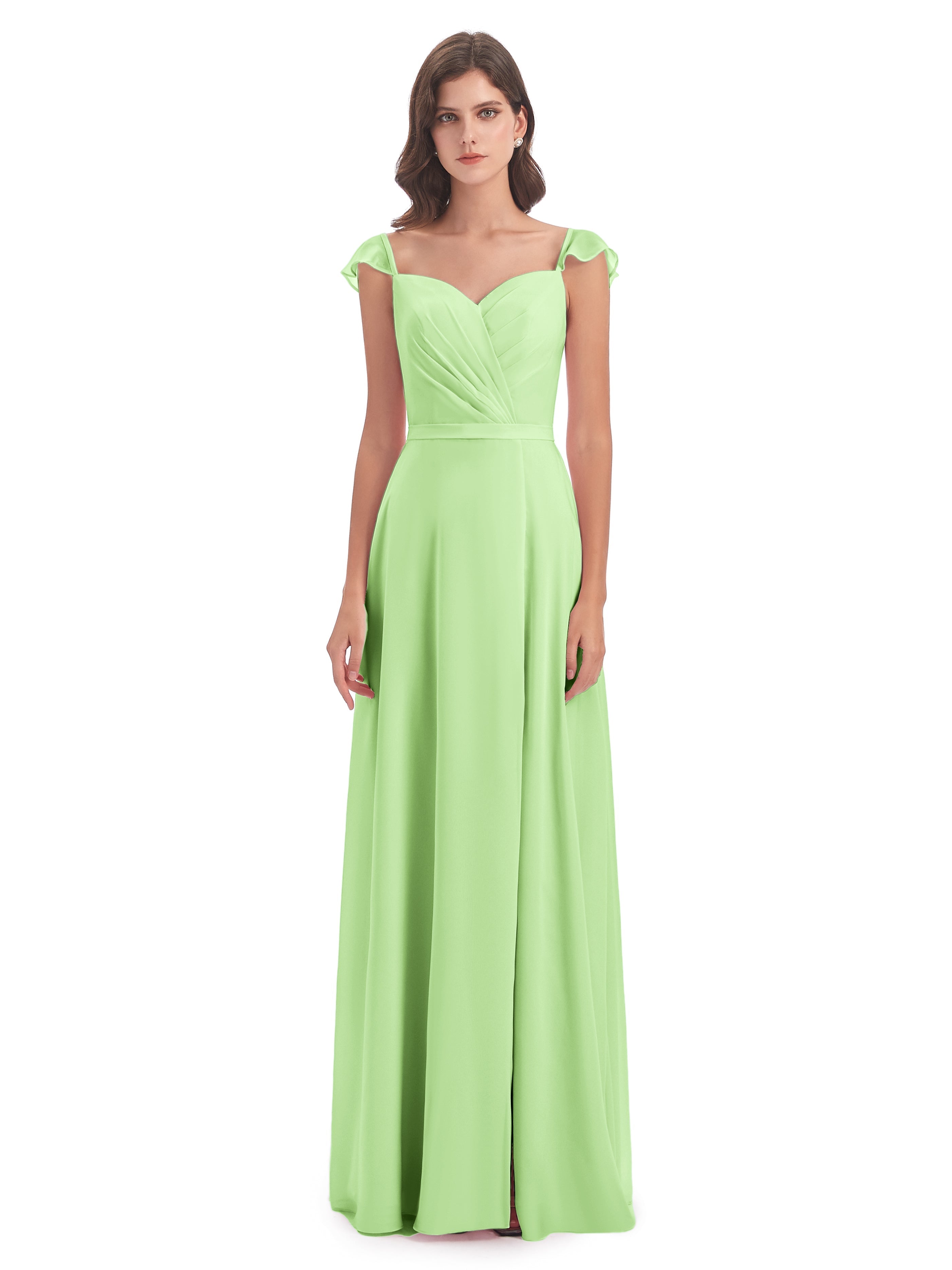 Demoiselle D Honneur Vert Sauge Fourreau/Colonne Mancherons Fendue Devant Robes Demoiselle D'Honneur