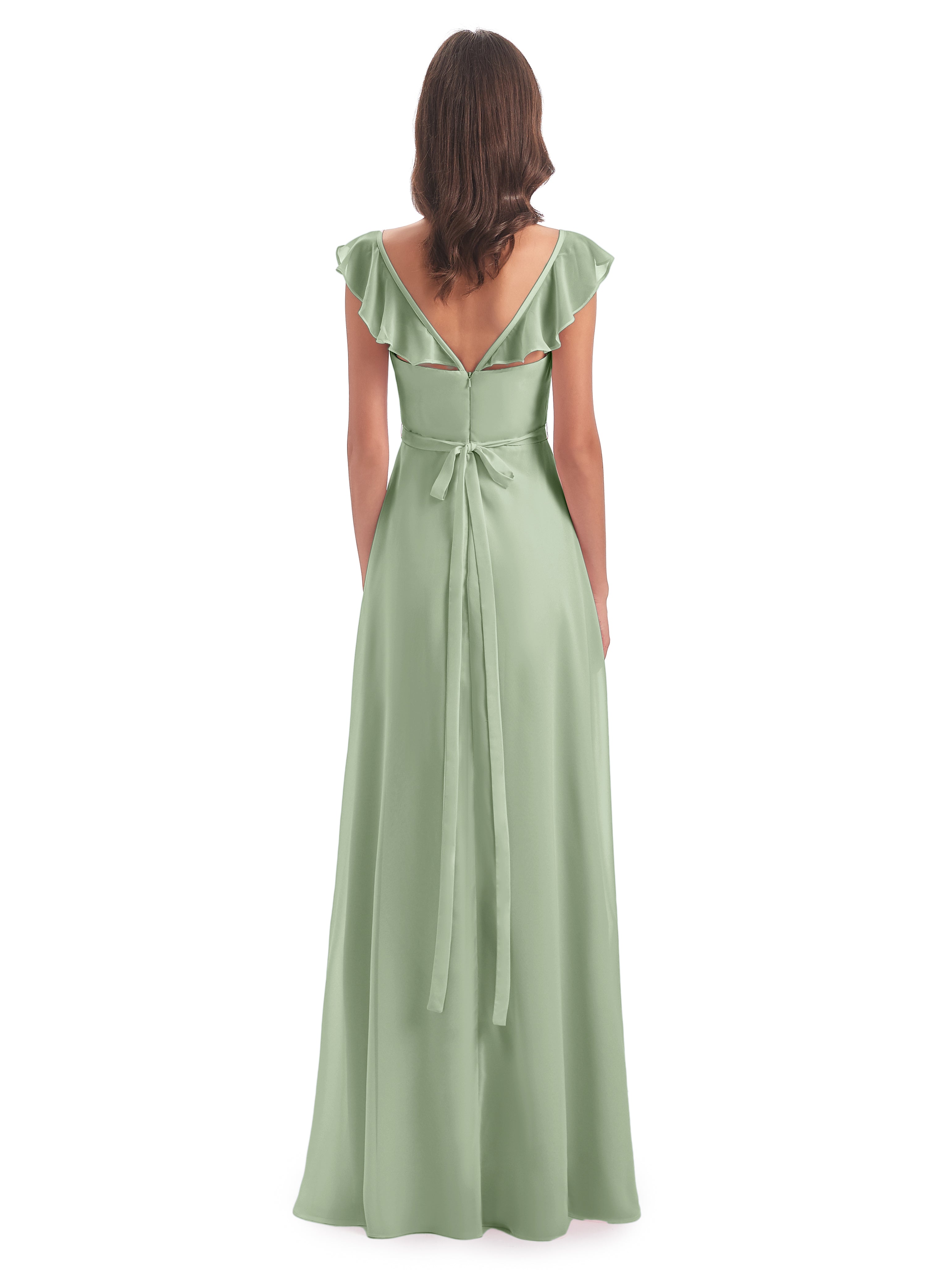 Robe Demoiselle D Honneur Sauge Poudré Fourreau/Colonne Mancherons Fendue Devant Robes Demoiselle D'Honneur