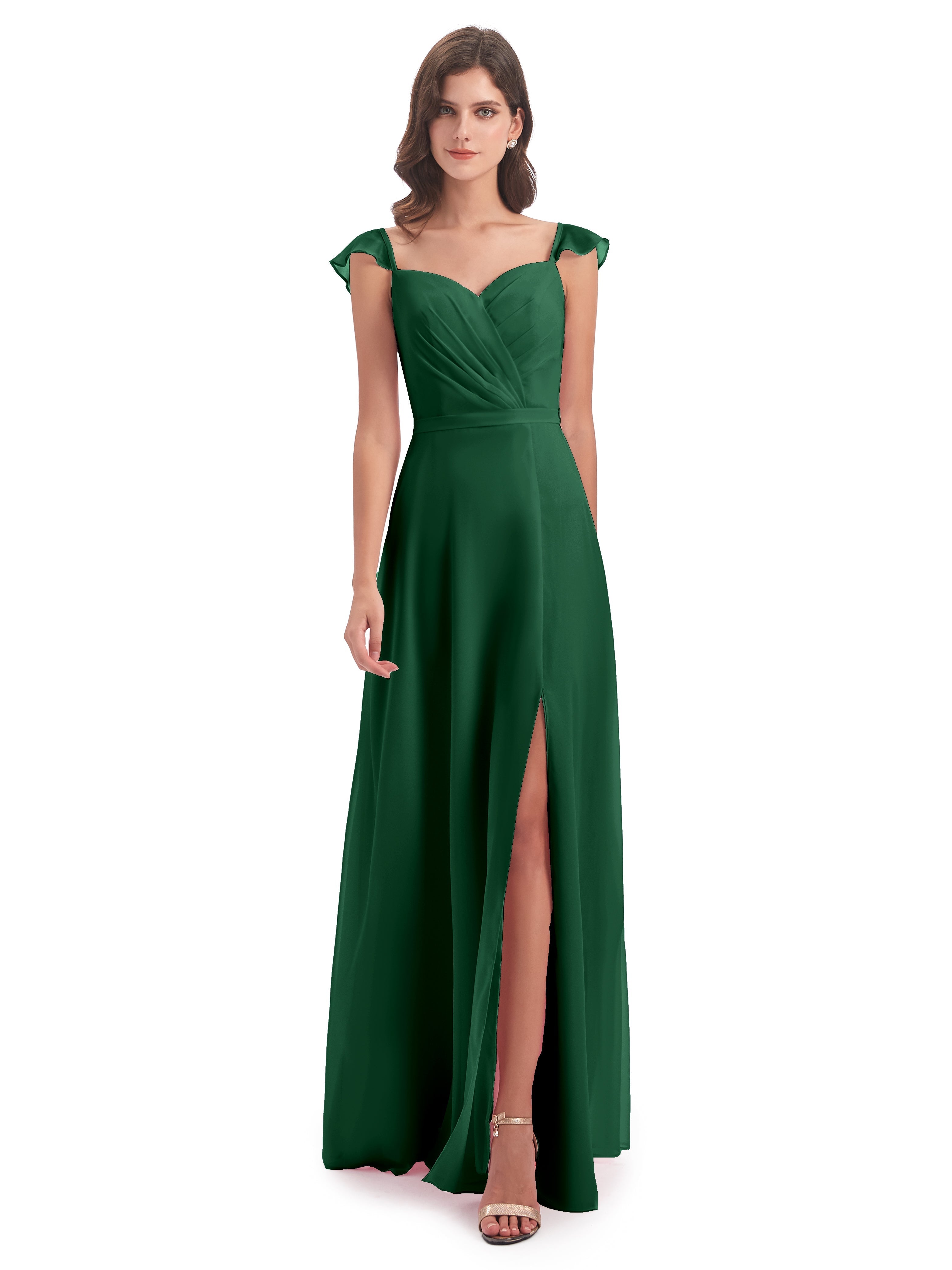 Robe Demoiselle D Honneur Vert Foncé Fourreau/Colonne Mancherons Fendue Devant Robes Demoiselle D'Honneur