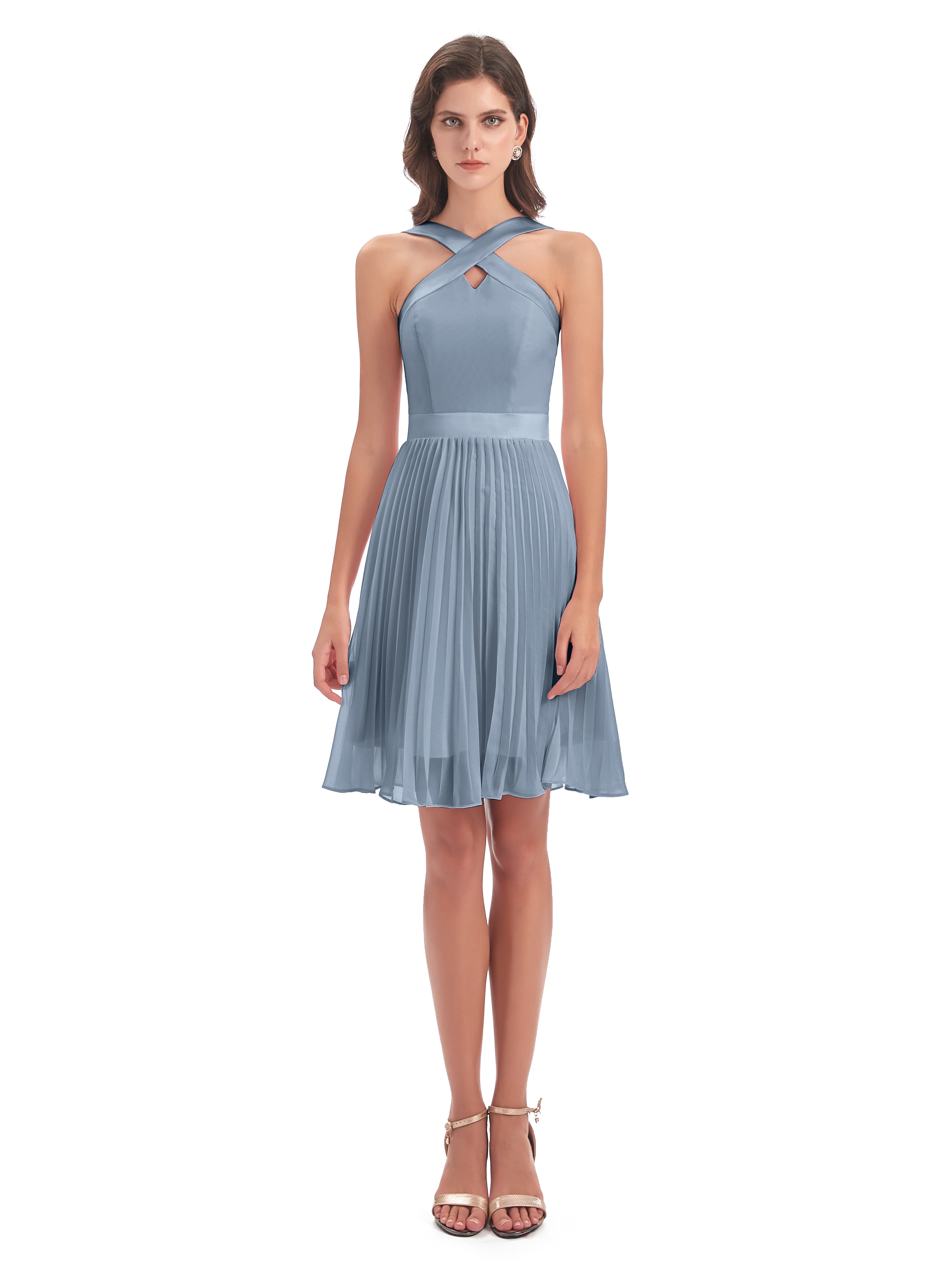 Robes De Demoiselle D'Honneur Bleu Poudre Longueur Genou Plis Bretelles Robes Demoiselle D'Honneur