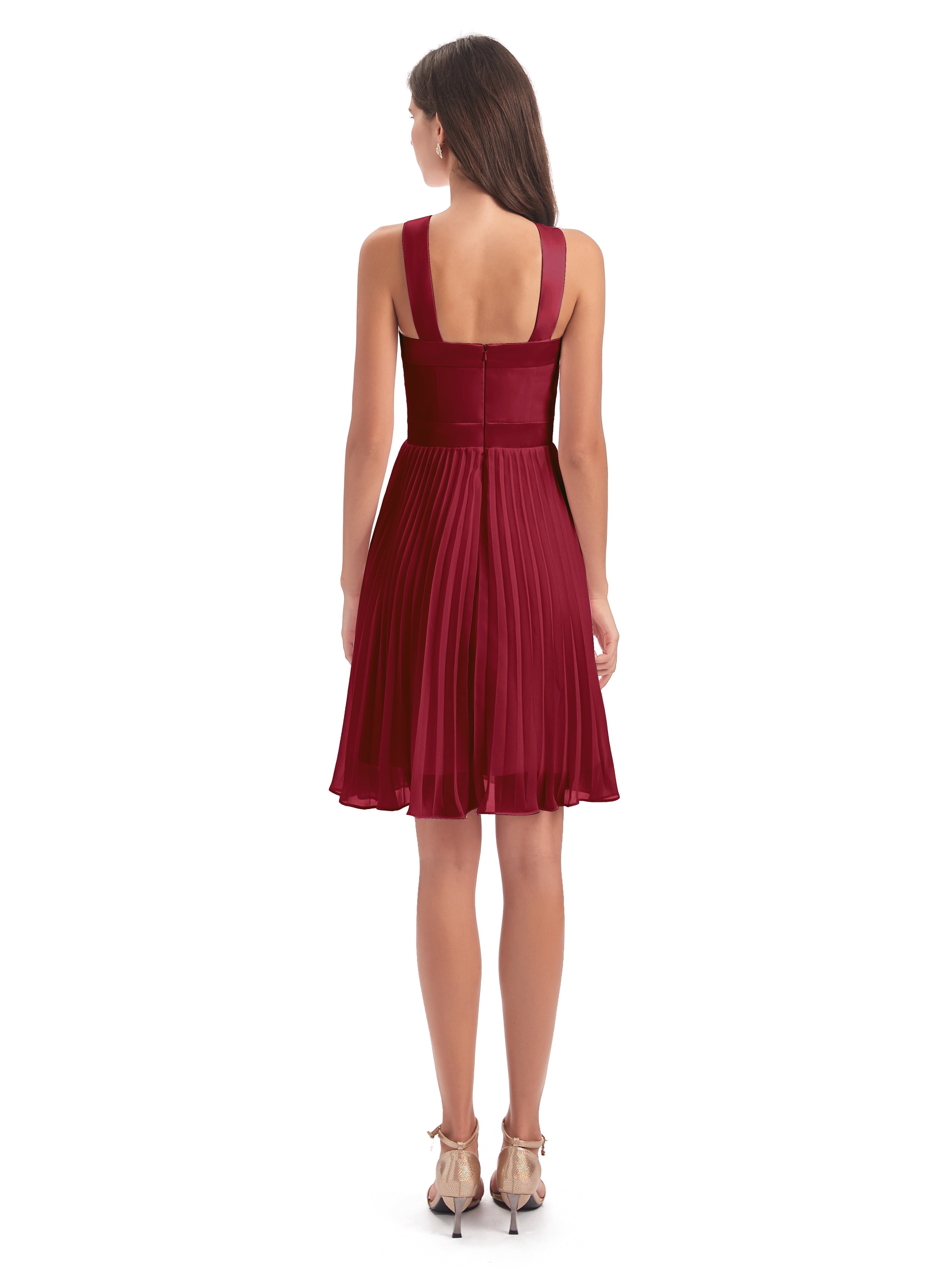 Robes De Demoiselle D'Honneur Courtes Bordeaux Longueur Genou Plis Bretelles Robes Demoiselle D'Honneur