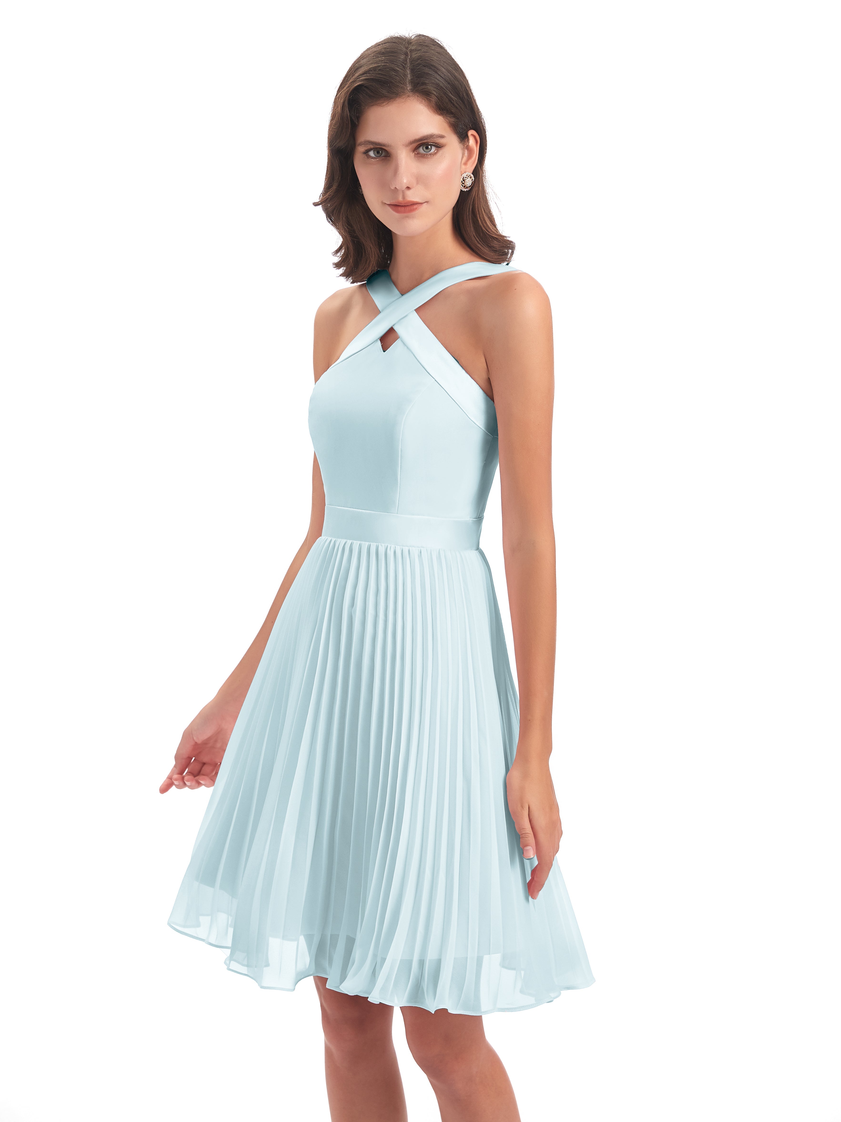 Robe De Demoiselle D'Honneur Brume Longueur Genou Plis Bretelles Robes Demoiselle D'Honneur